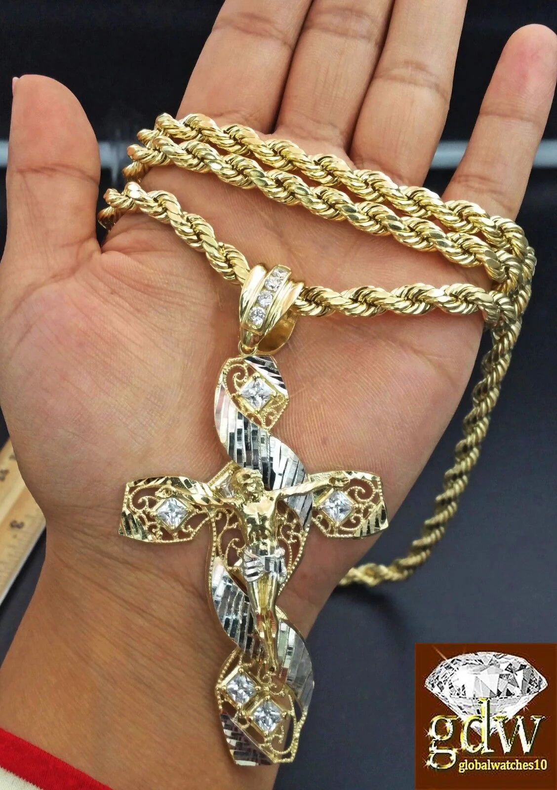 Real 10K Yellow Gold 28" Inch Rope Chain with Jesus Cross Charm Pendant  Men - Image 7