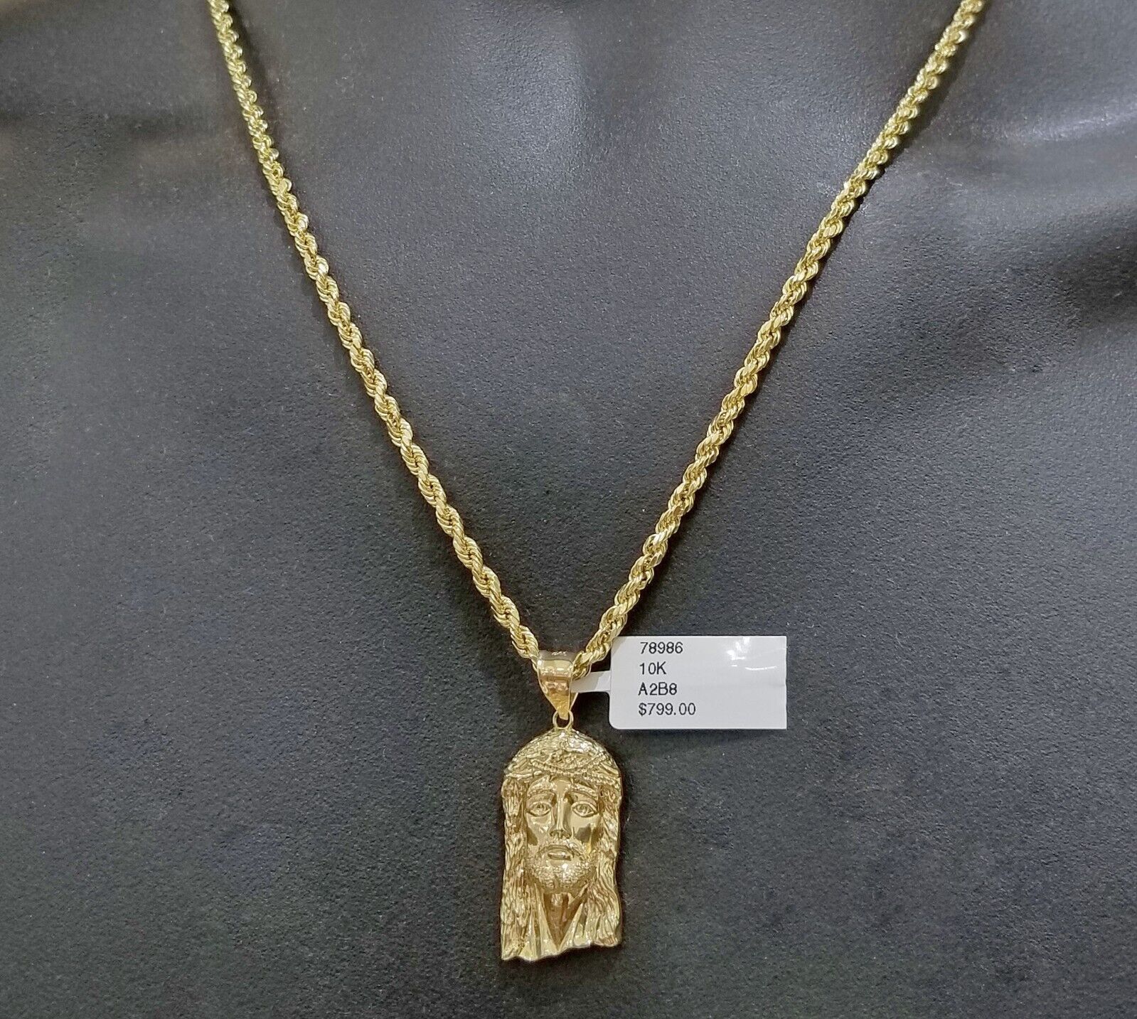 Real 10k Yellow Gold 3mm Rope Chain 20" inch Necklace And Jesus Head Pendant - Image 2