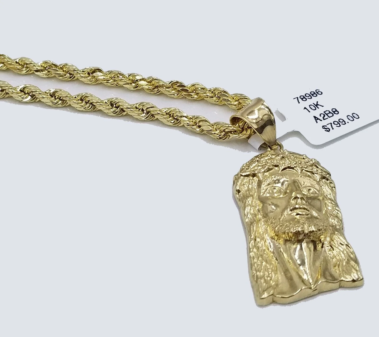 Real 10k Yellow Gold 3mm Rope Chain 20" inch Necklace And Jesus Head Pendant - Image 3