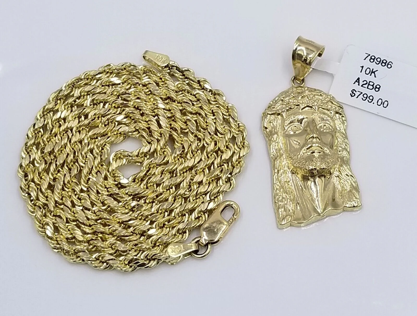 Real 10k Yellow Gold 3mm Rope Chain 20" inch Necklace And Jesus Head Pendant - Image 4