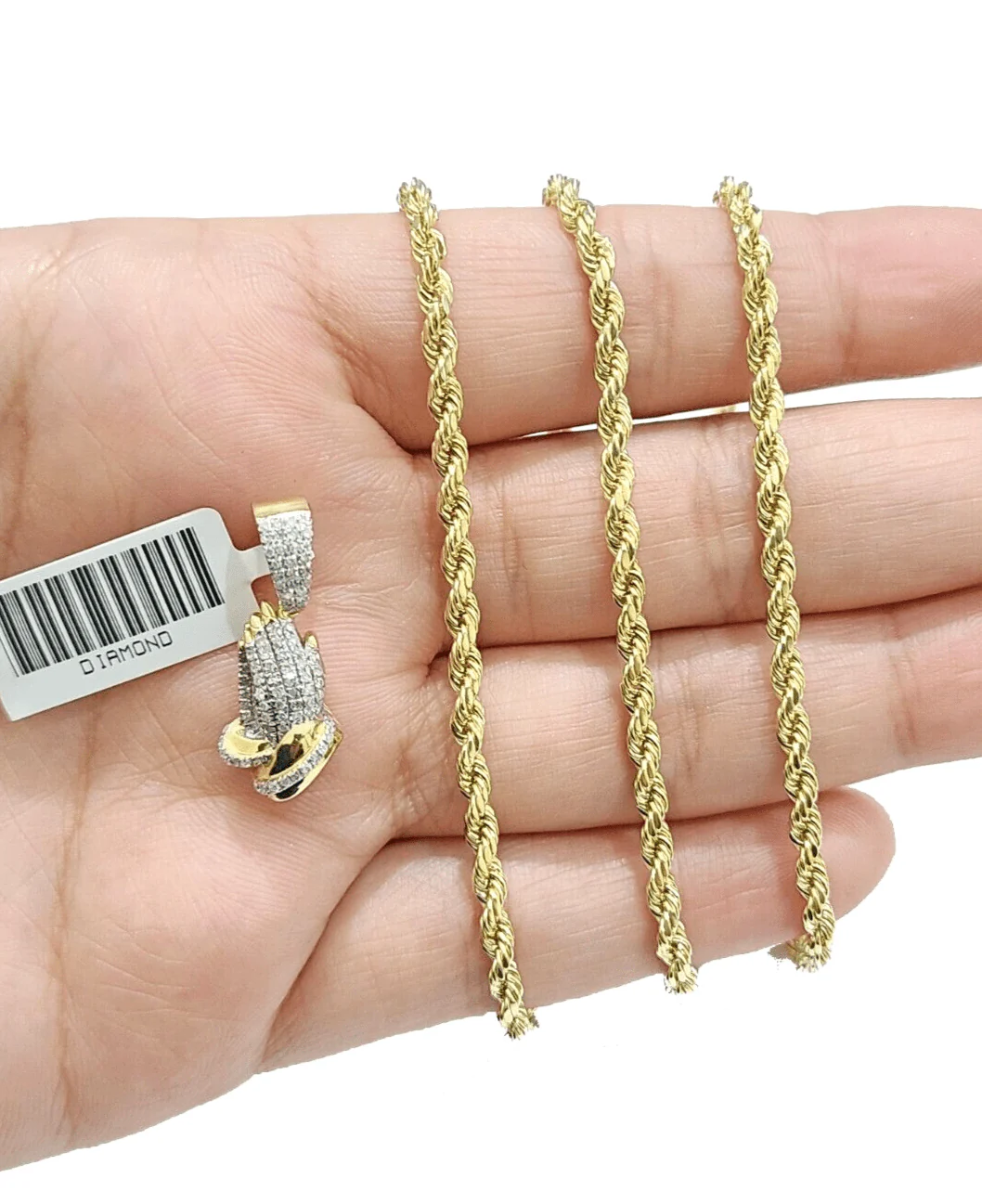 Real 10k Yellow Gold 3mm Rope Chain 20" inch Necklace Praying Hand Charm Pendant - Image 4