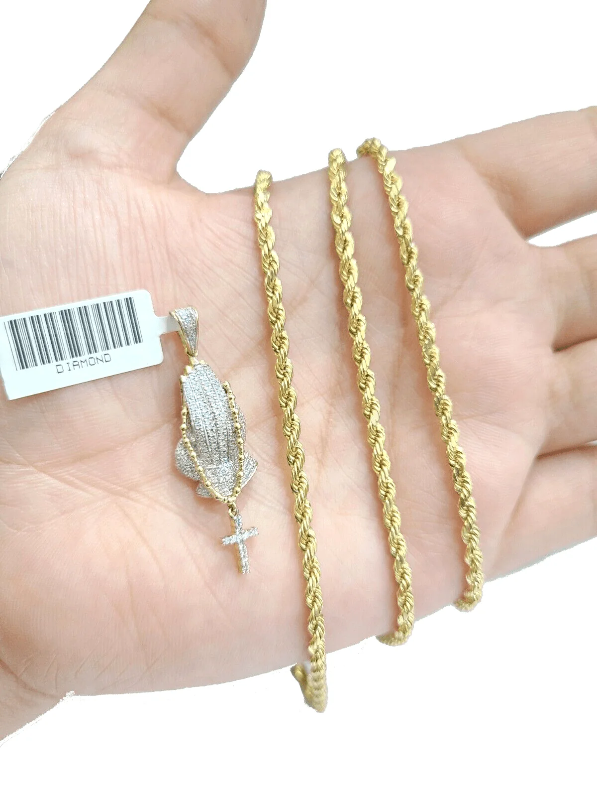 Real 10k Yellow Gold 3mm Rope Chain 26" inch Necklace Praying Hand Charm Cross - Image 2