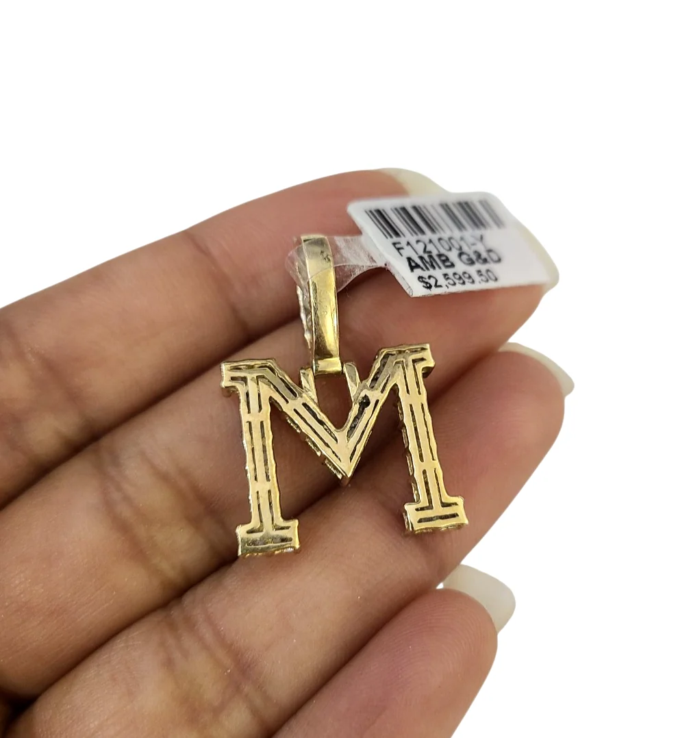 REAL 10k Yellow Gold 6mm rope chain M Diamond Initial Pendant Charm 6mm SET Necklace - Image 6
