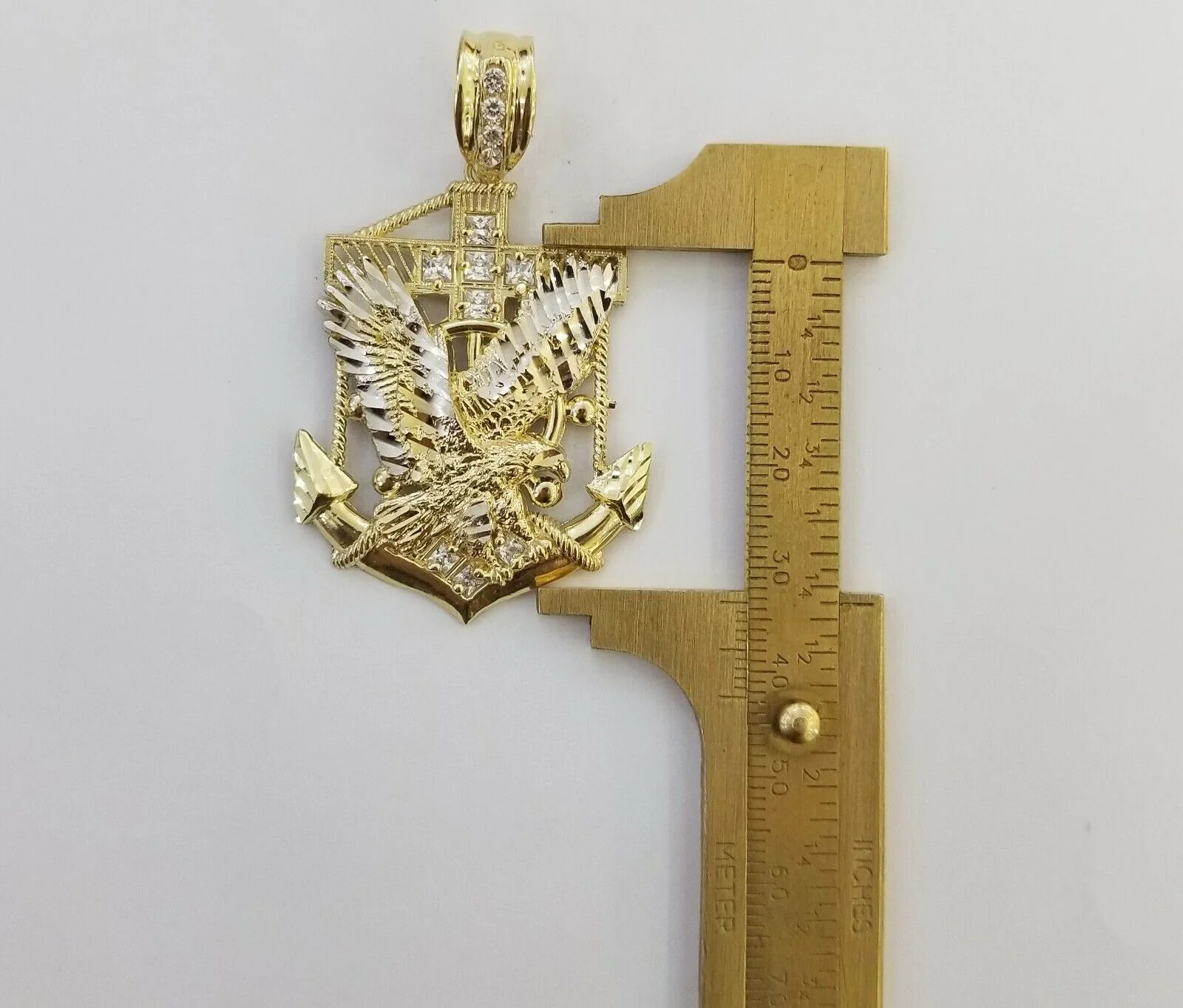 Real 10k Yellow Gold American Eagle Anchor Pendant 2 inches Charm - Image 2