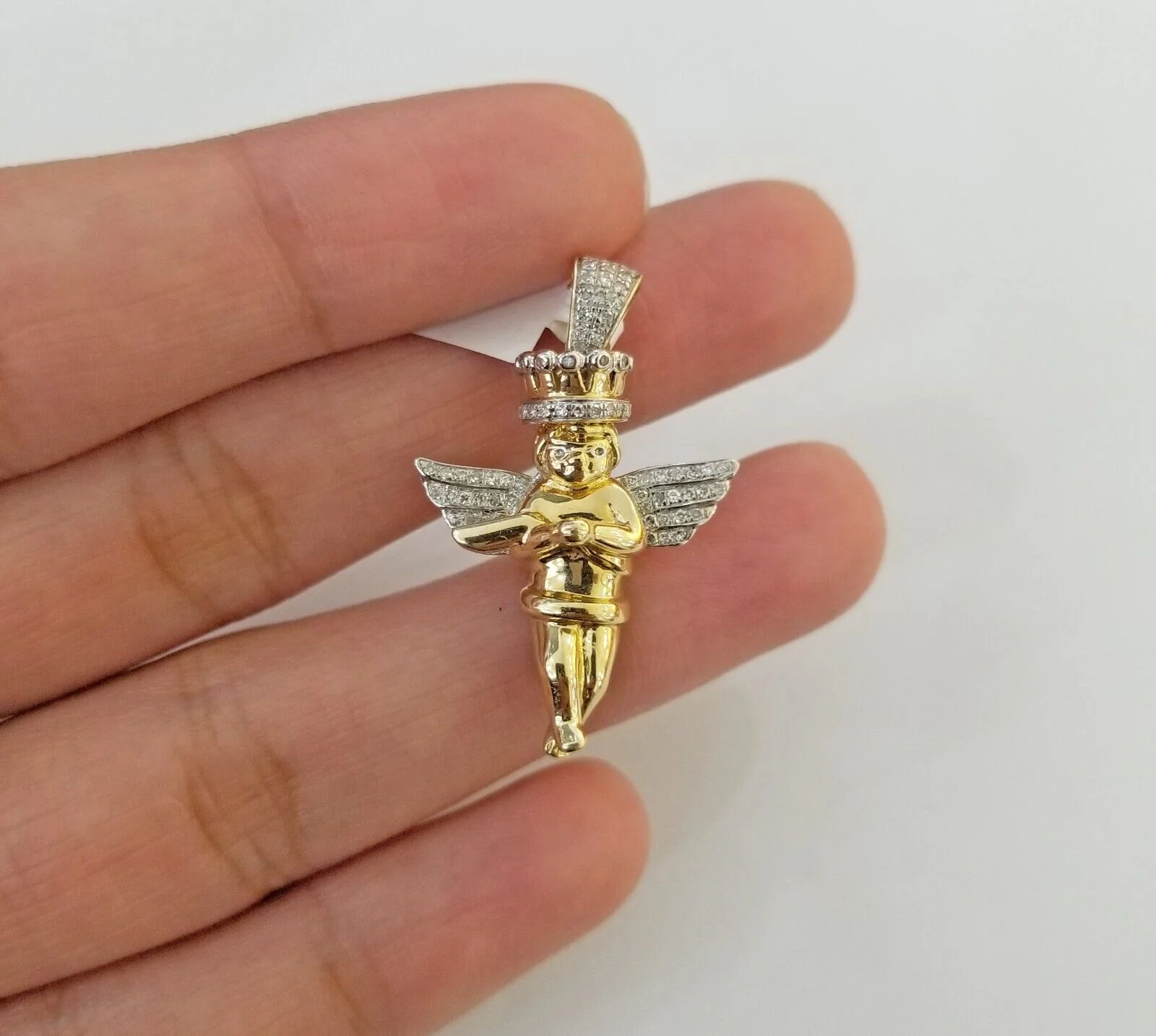 Real 10k Yellow Gold Angel Praying Hand Real Diamond Pendant Mini Angel Charm - Image 3