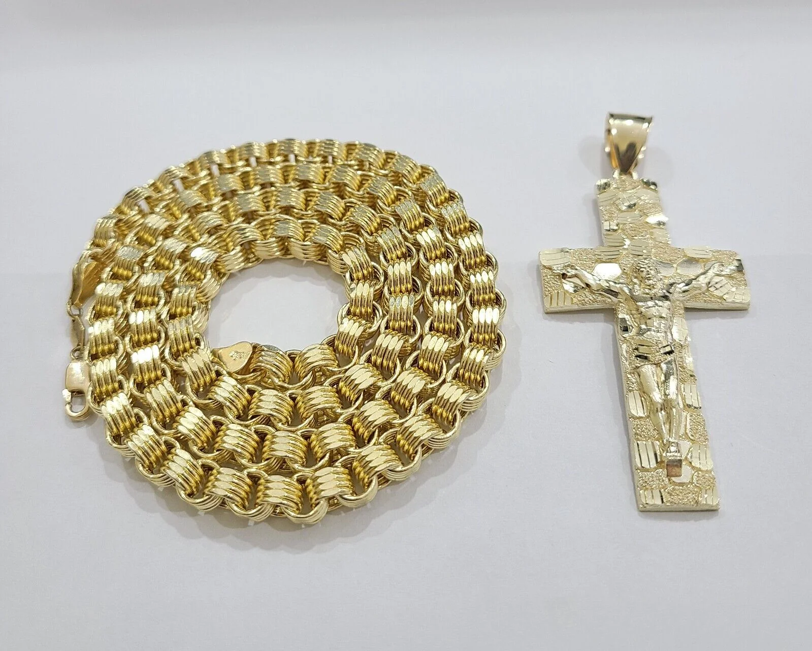 Real 10k Yellow Gold Box Byzantine Chain 24'' Necklace JesusCross Charm pendant - Image 8
