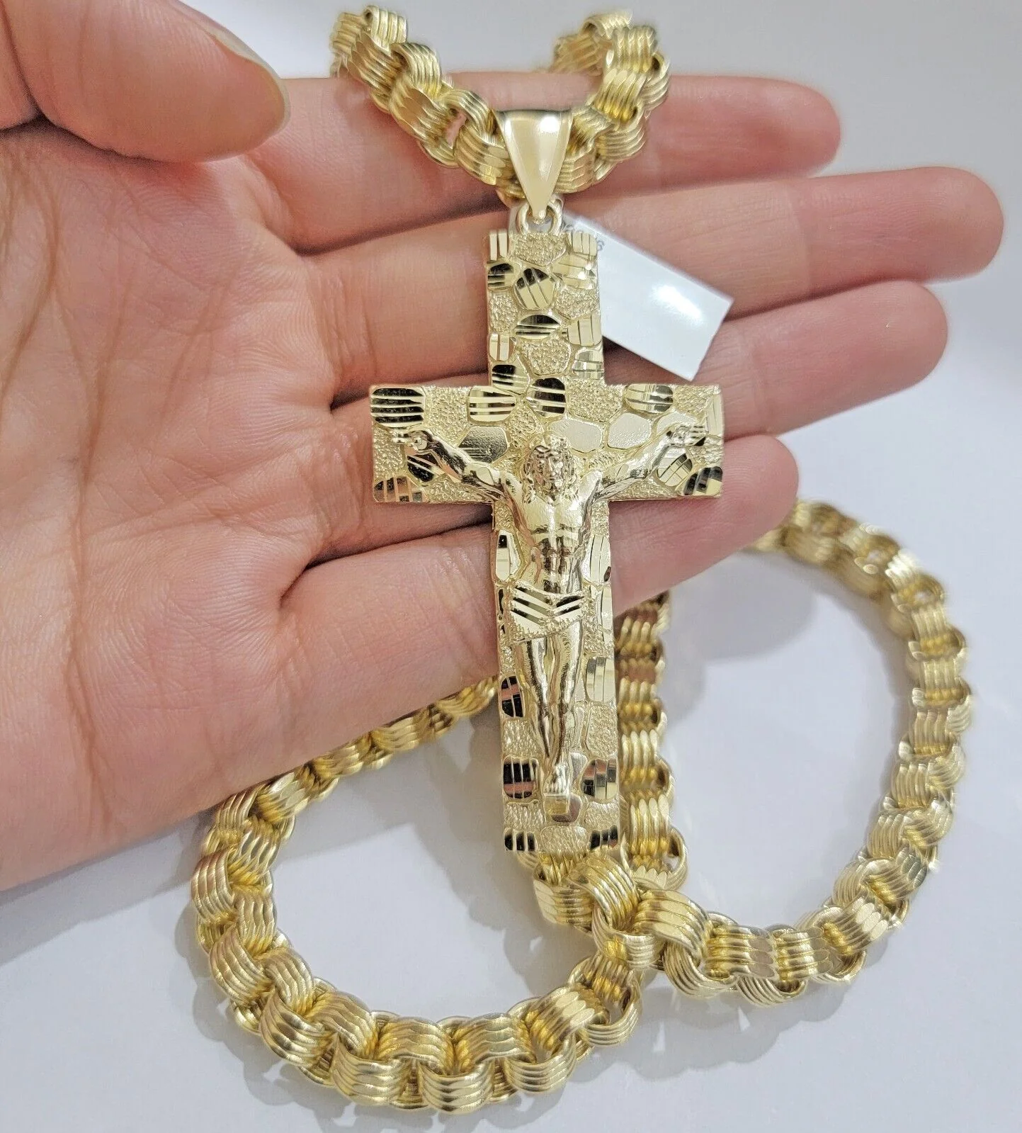 Real 10k Yellow Gold  Byzantine Chain Nugget Cross Charm Pendant Necklace SETS - Image 11