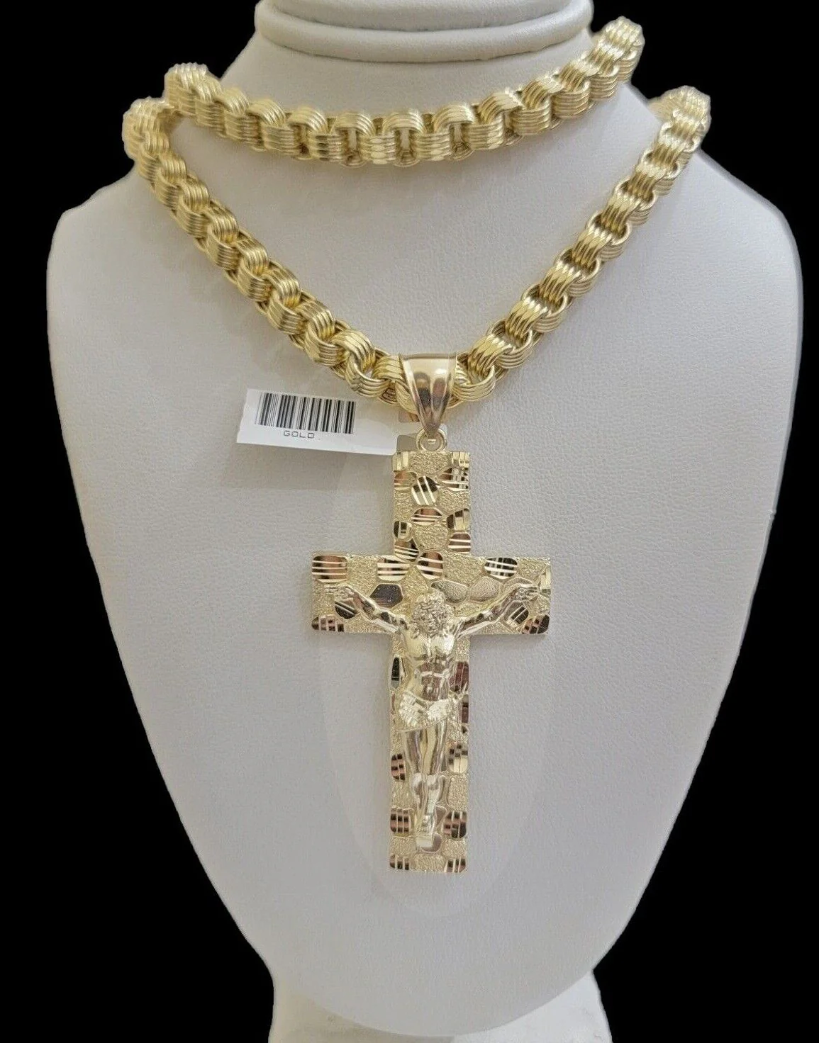 Real 10k Yellow Gold  Byzantine Chain Nugget Cross Charm Pendant Necklace SETS - Image 6