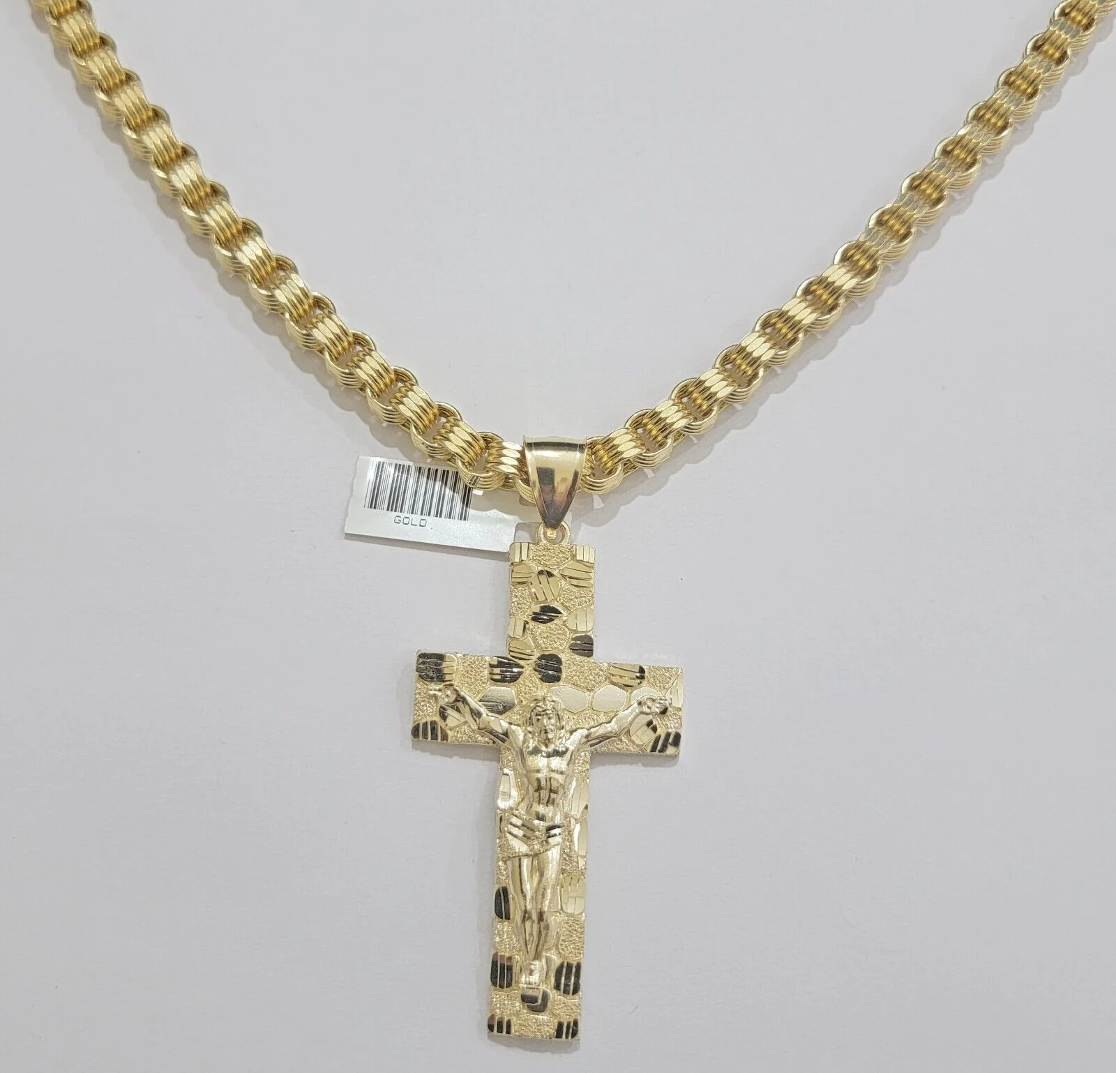 Real 10k Yellow Gold  Byzantine Chain Nugget Cross Charm Pendant Necklace SETS - Image 8
