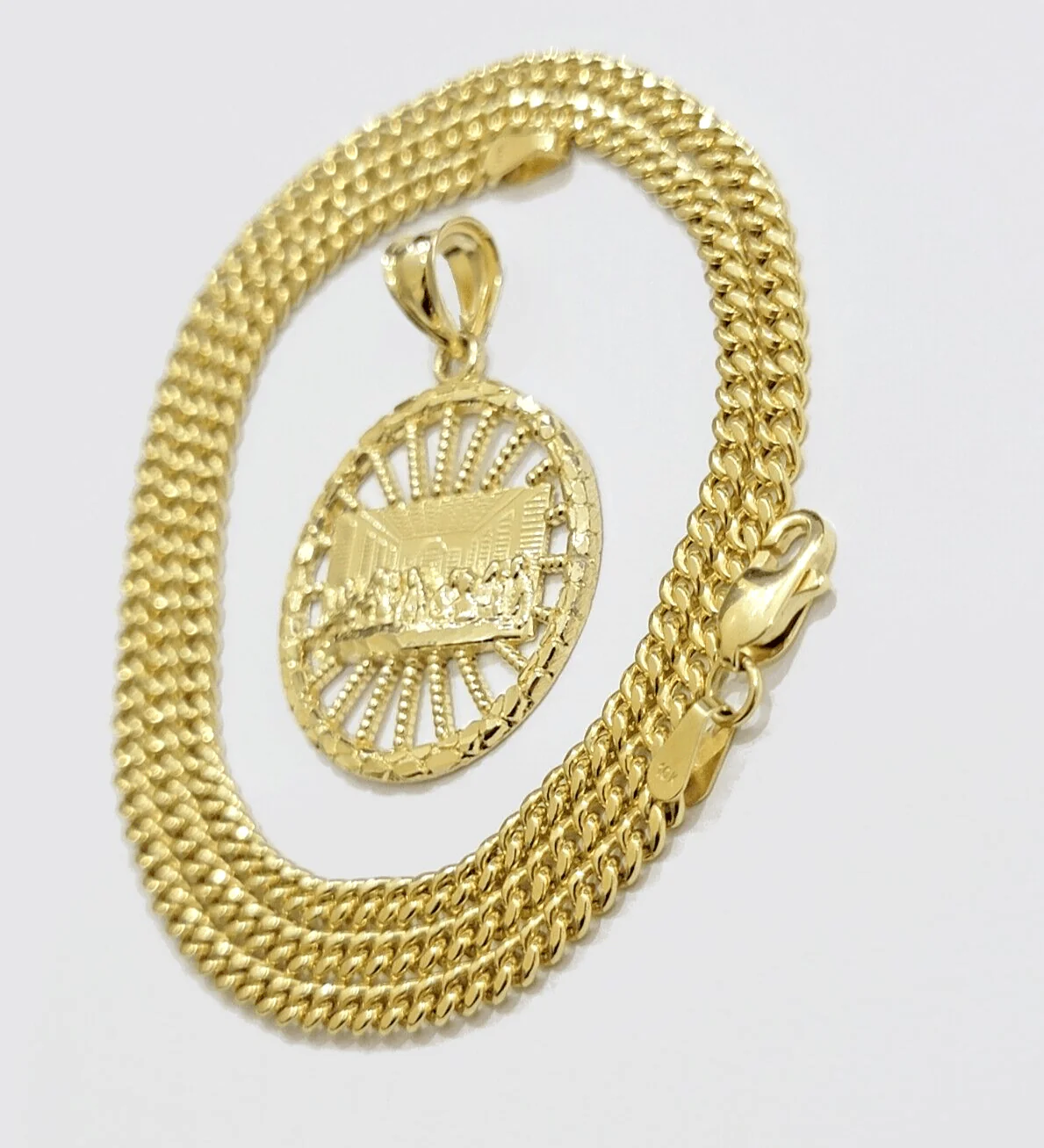 Real 10k Yellow Gold chain Charm Last supper Pendant set Miami Cuban 4mm 22 Inch - Image 8