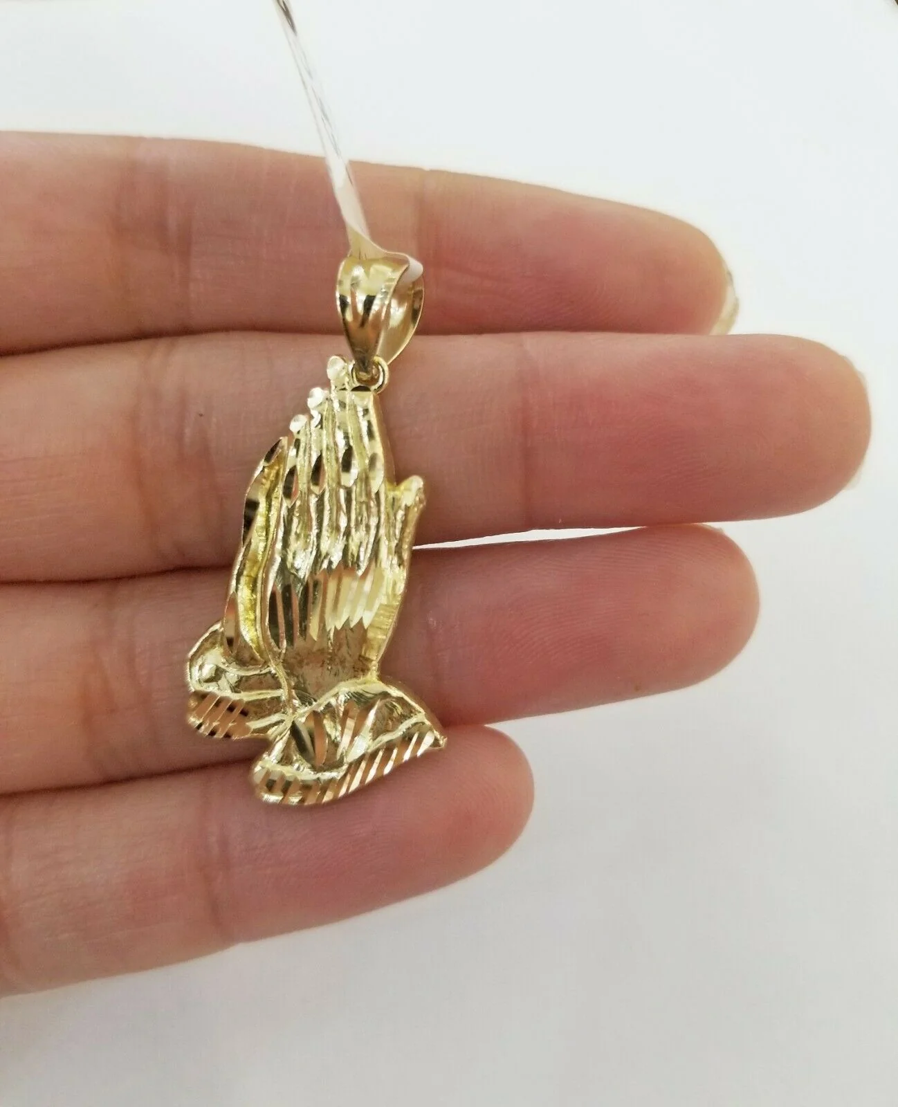 Real 10k Yellow Gold Chain & Charm Praying hand pendant , 22" 3mm Rope Necklace - Image 4