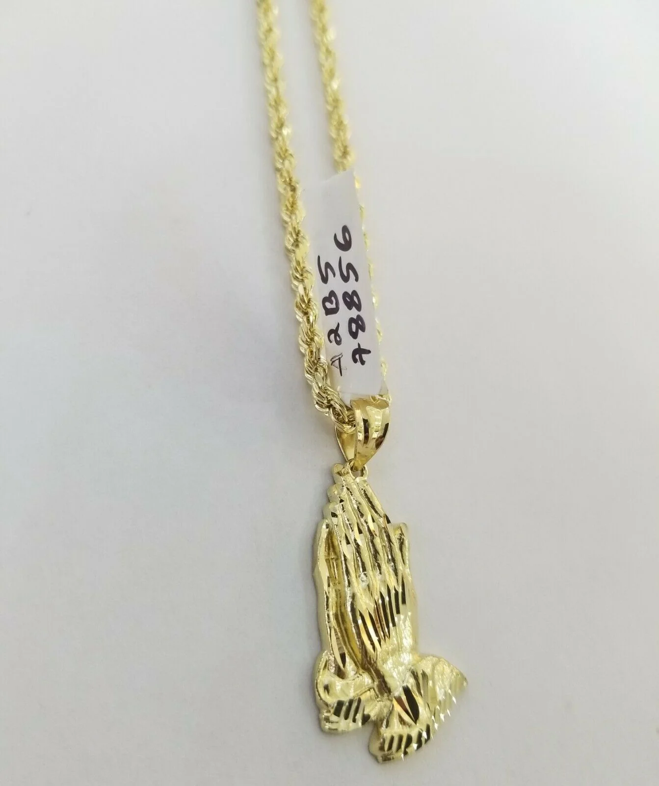 Real 10k Yellow Gold Chain & Charm Praying hand pendant , 22" 3mm Rope Necklace - Image 5