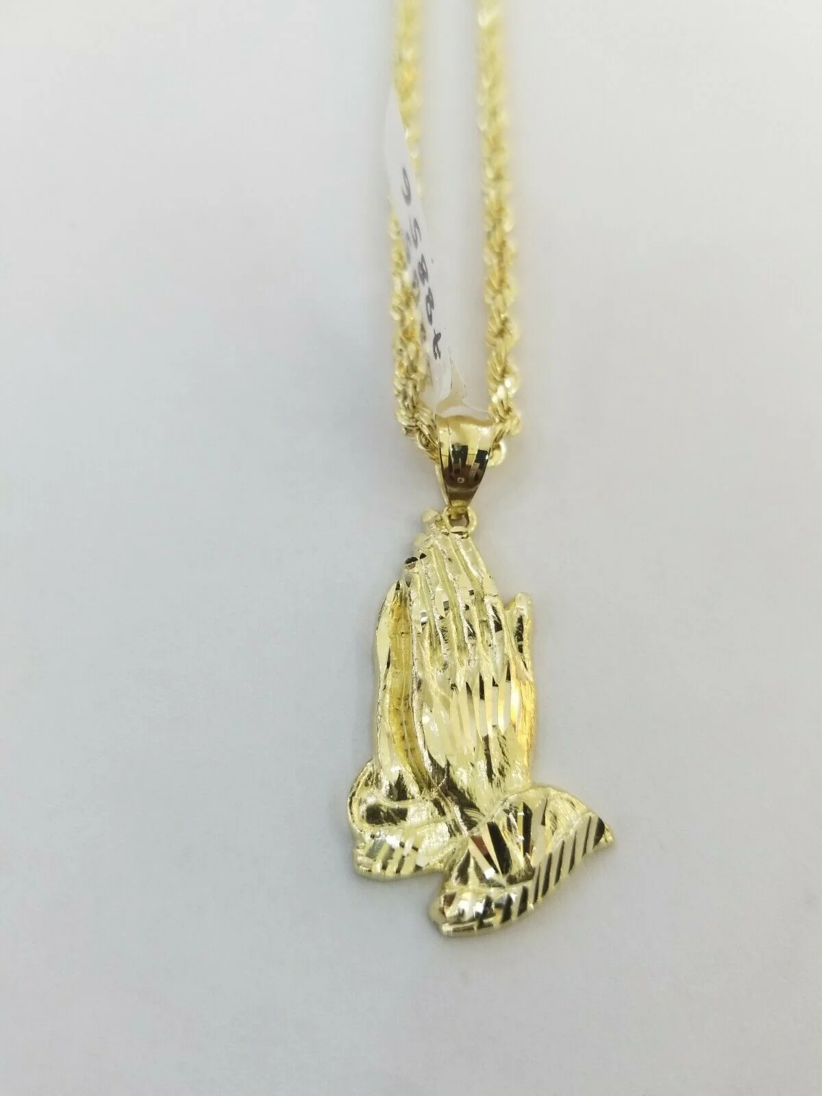 Real 10k Yellow Gold Chain & Charm Praying hand pendant , 22" 3mm Rope Necklace - Image 6