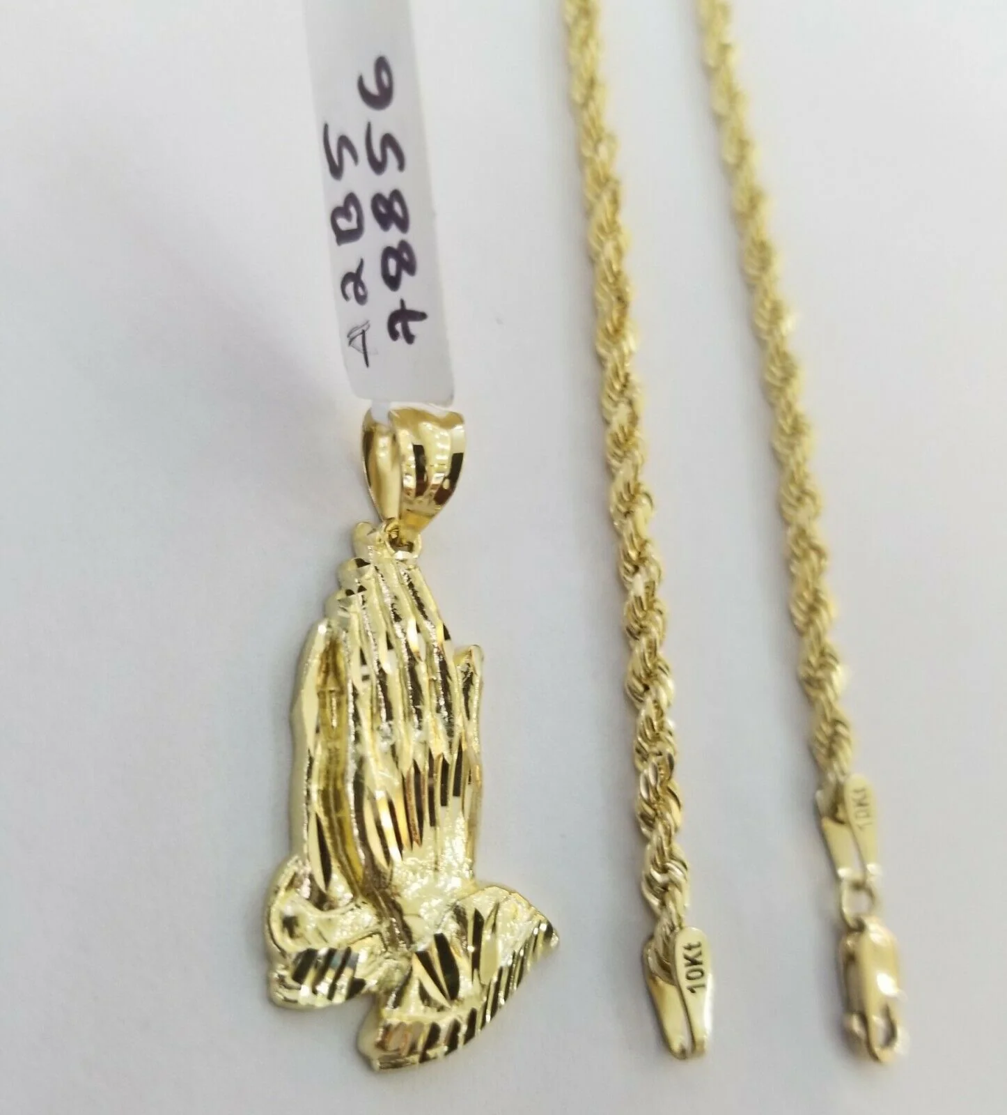 Real 10k Yellow Gold Chain & Charm Praying hand pendant , 26" 3mm Rope Necklace - Image 3