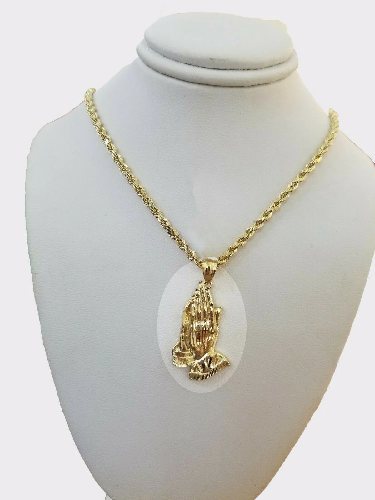 Real 10k Yellow Gold Chain & Charm Praying hand pendant , 26" 3mm Rope Necklace - Image 4
