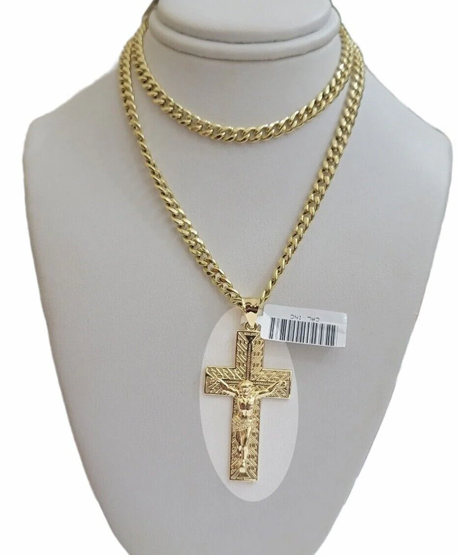 REAL 10k Yellow Gold Chain Cross Pendant Set Miami Cuban link Necklace 5mm 18-28 - Image 10
