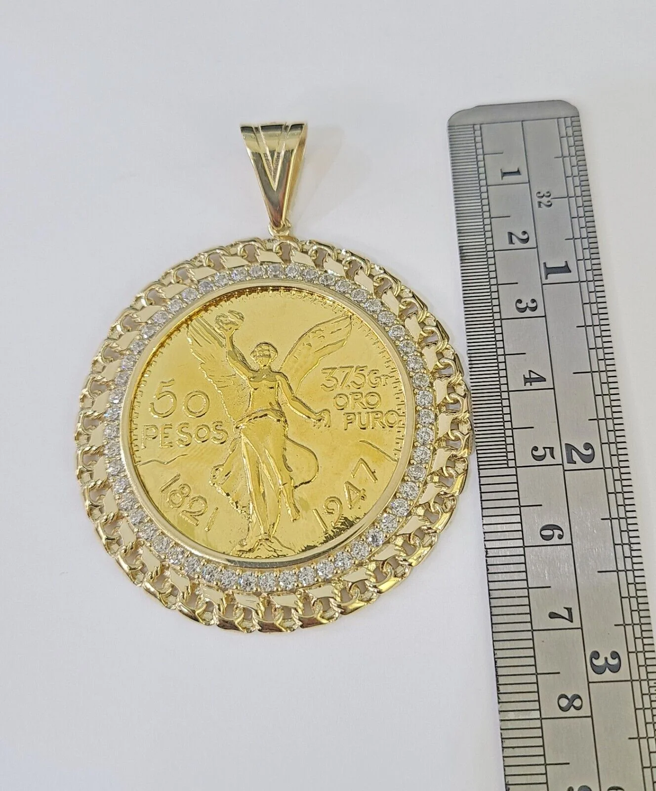 REAL 10k Yellow Gold Charm Centenario Style Coin in Bezel 50 Pesos 1947 For Men - Image 3