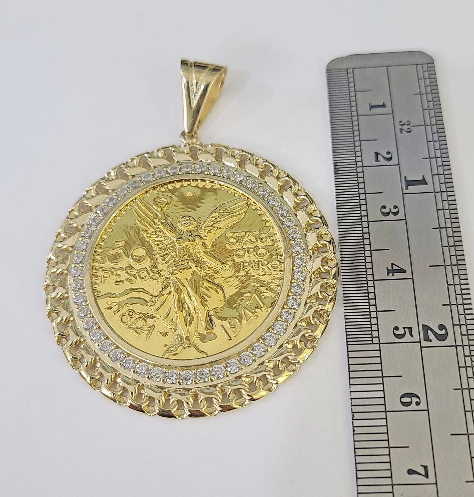 REAL 10k Yellow Gold Charm Centenario Style Coin in Bezel 50 Pesos 1947 For Men - Image 4