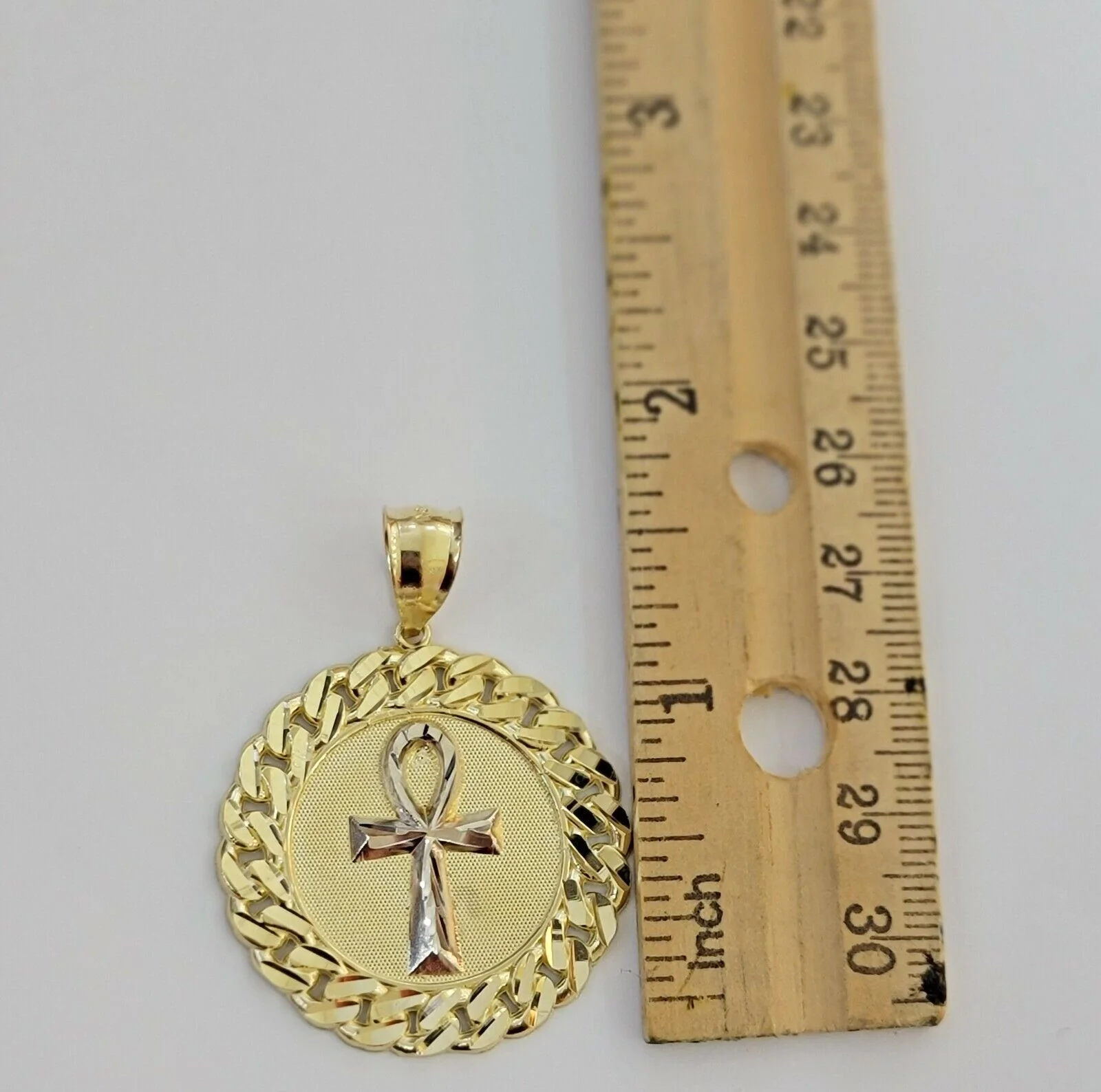 Real 10k Yellow Gold Charm Pendant Ankh Cuban Link Style Medallion Round 10kt - Image 4
