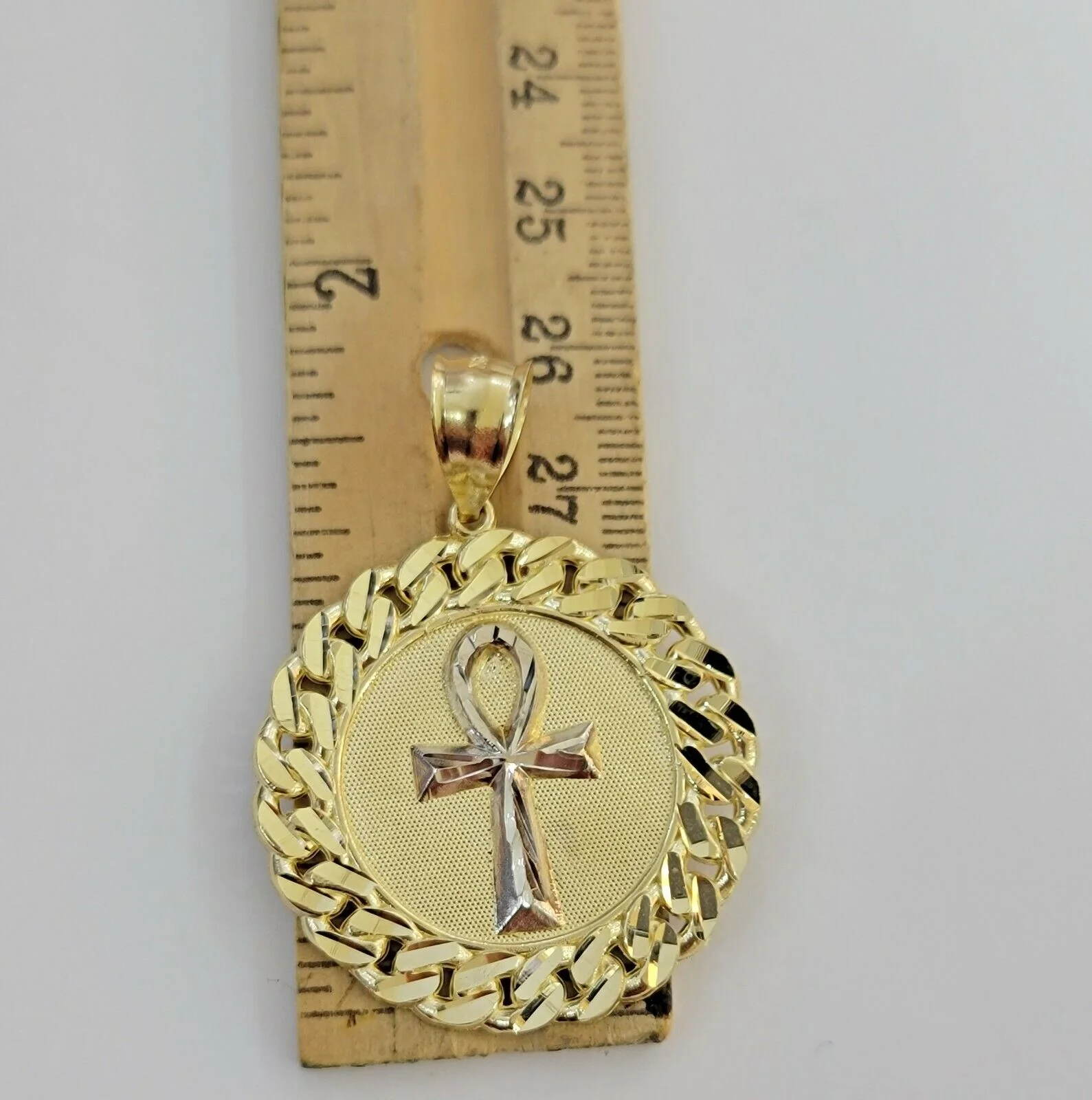 Real 10k Yellow Gold Charm Pendant Ankh Cuban Link Style Medallion Round 10kt - Image 7