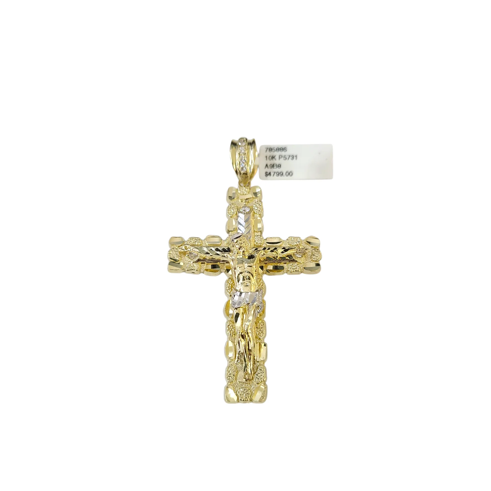 Real 10k Yellow Gold Charm Pendant CZ Nugget Cross 3" Diamond Cuts 10KT - Image 2