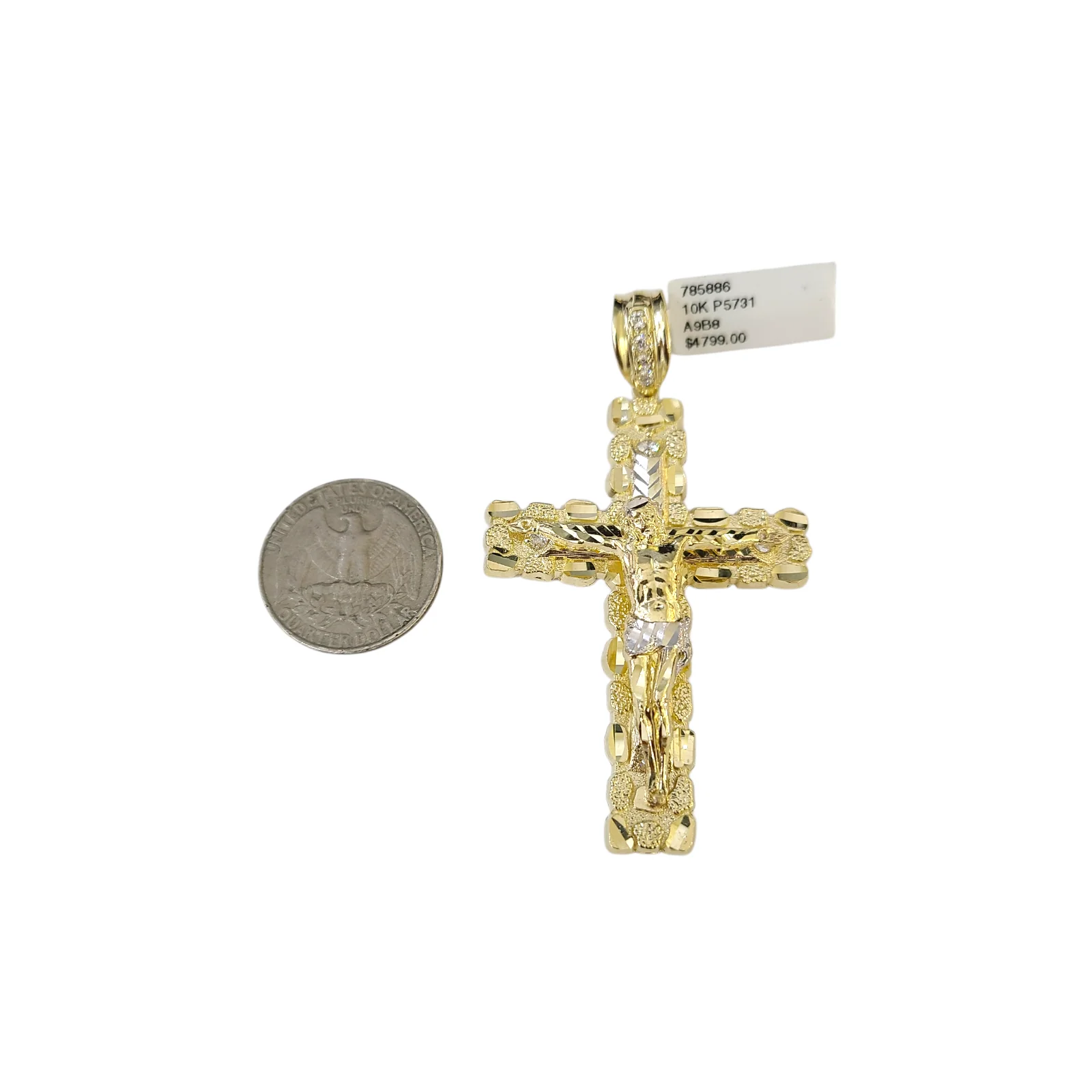 Real 10k Yellow Gold Charm Pendant CZ Nugget Cross 3" Diamond Cuts 10KT - Image 4