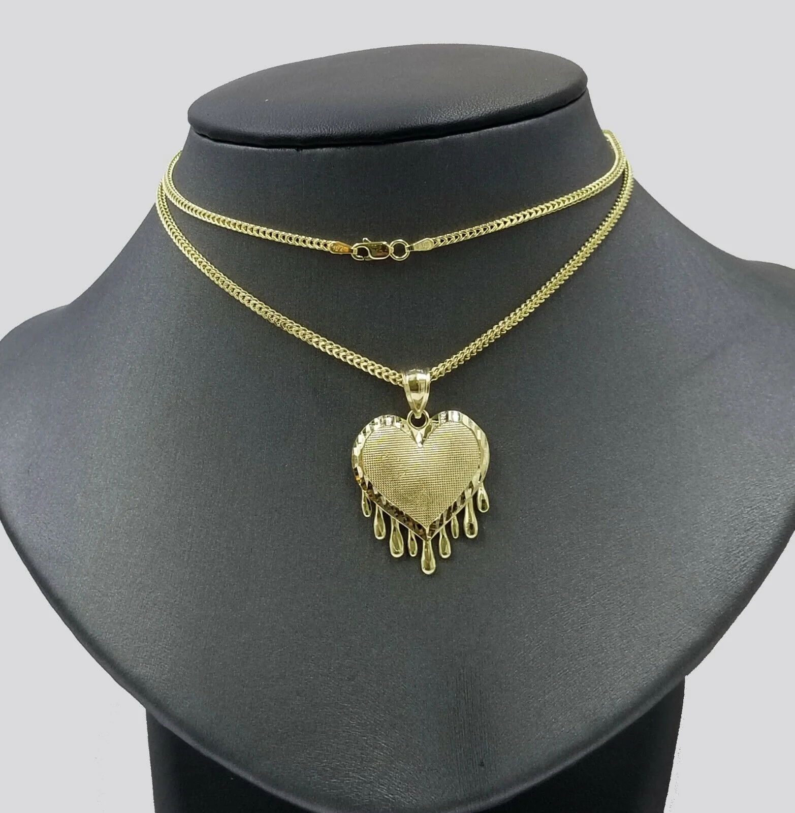 Real 10k Yellow Gold Charm Pendant Dripping heart with Franco Chain 18" 2mm - Image 3