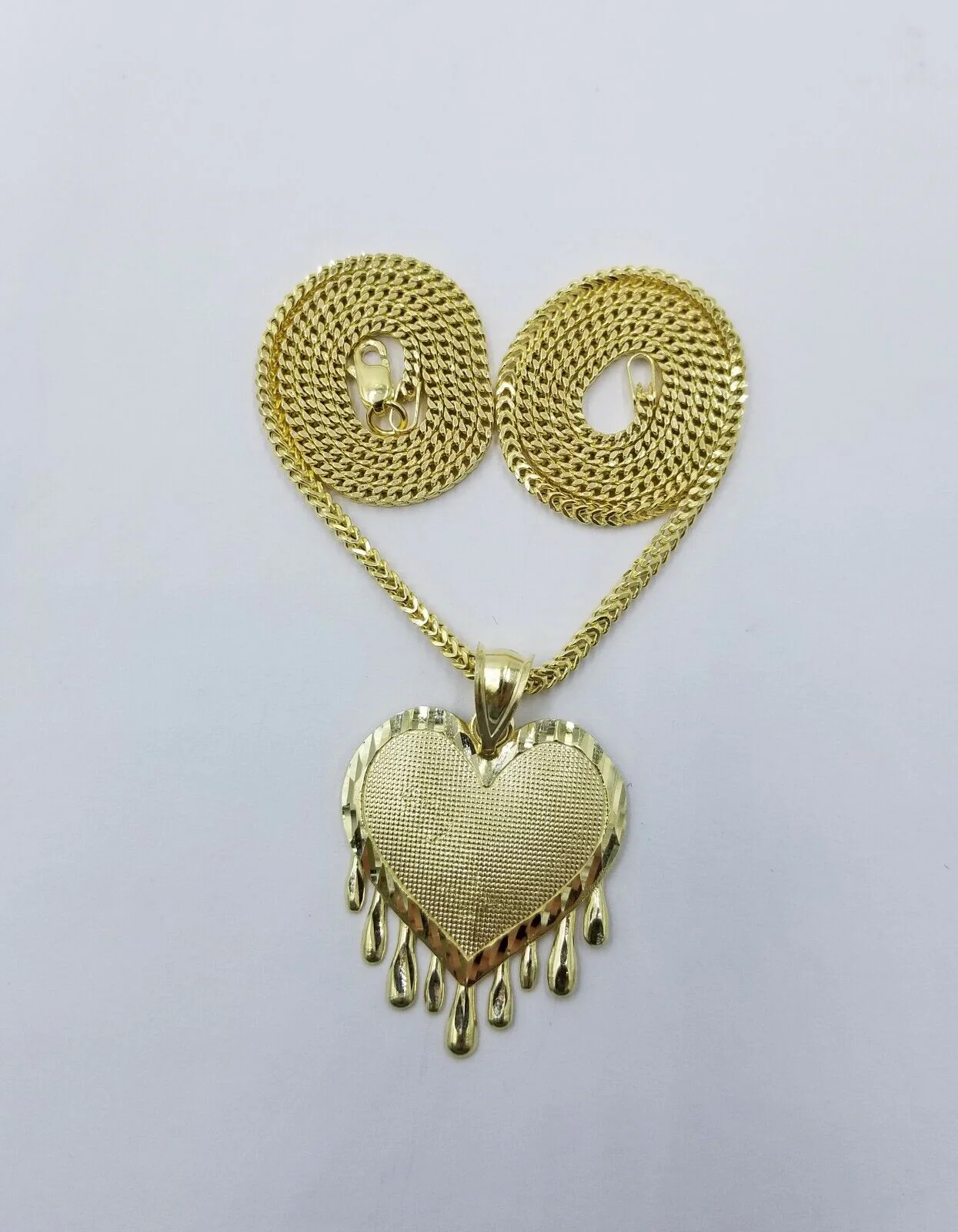 Real 10k Yellow Gold Charm Pendant Dripping heart with Franco Chain 18" 2mm - Image 4
