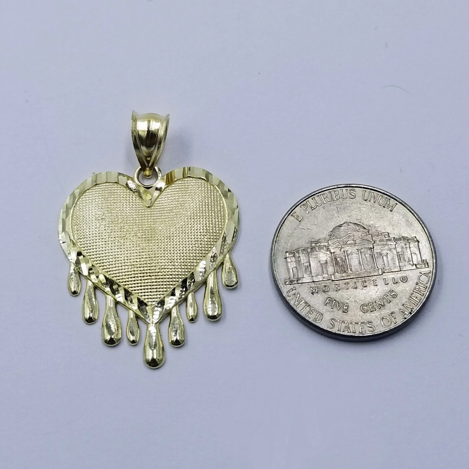 Real 10k Yellow Gold Charm Pendant Dripping heart with Franco Chain 18" 2mm - Image 5