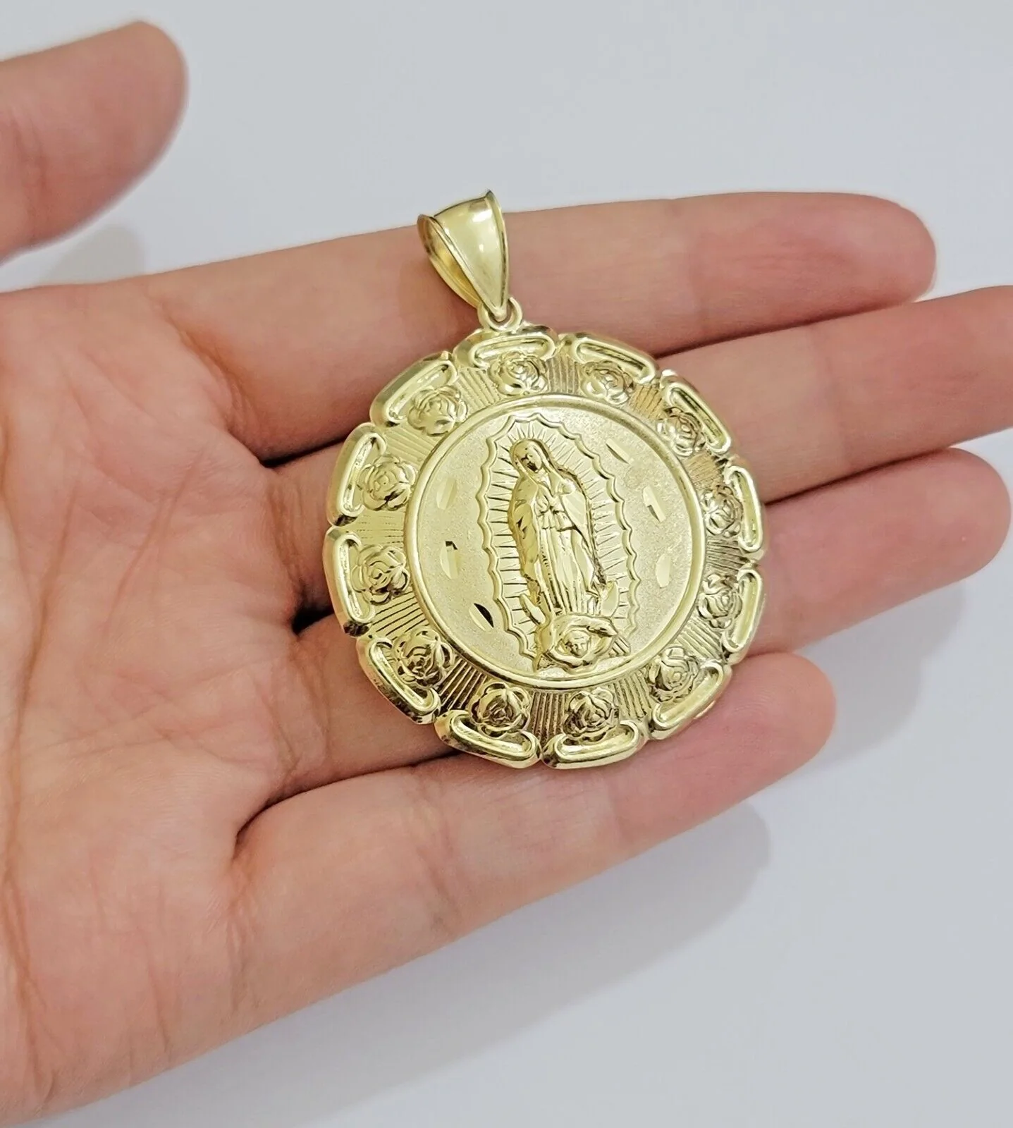 Real 10k Yellow Gold Charm Pendant Jesus Head Face & Virgin Mary 2 Inch 10KT Men - Image 4