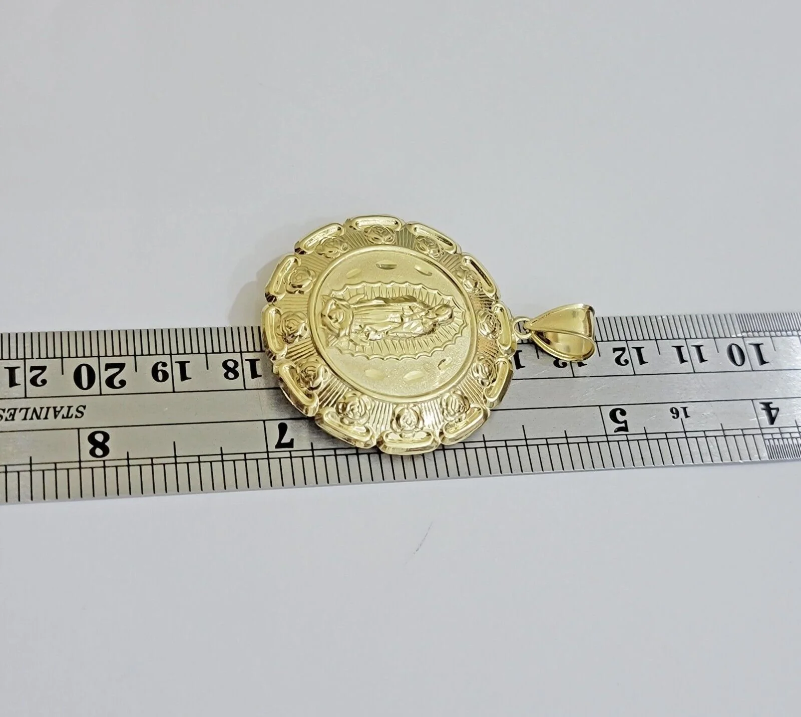 Real 10k Yellow Gold Charm Pendant Jesus Head Face & Virgin Mary 2 Inch 10KT Men - Image 9