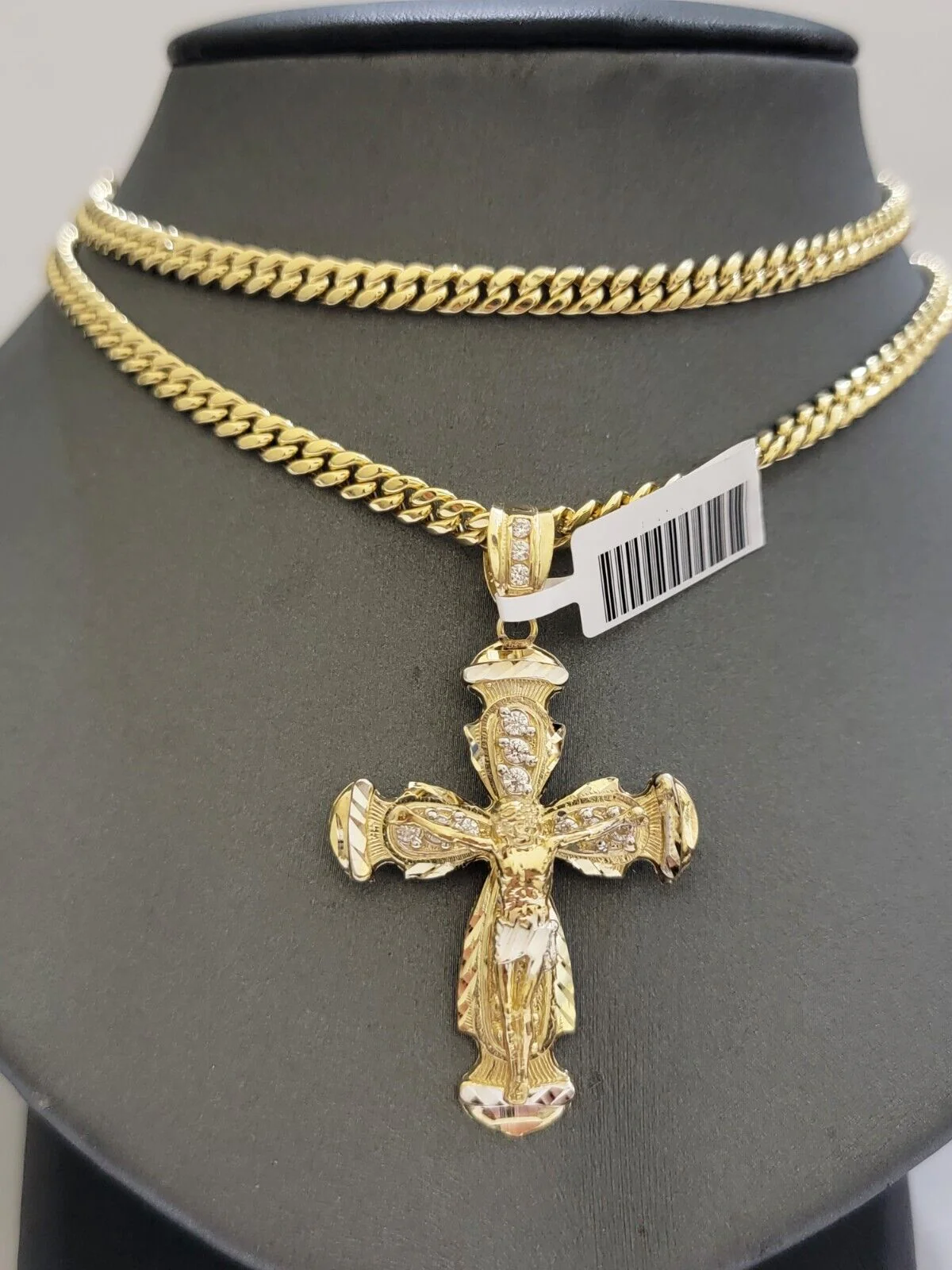 Real 10k Yellow Gold Cross Charm pendant Cuban Link Chain Necklace 5mm 24" SET - Image 5