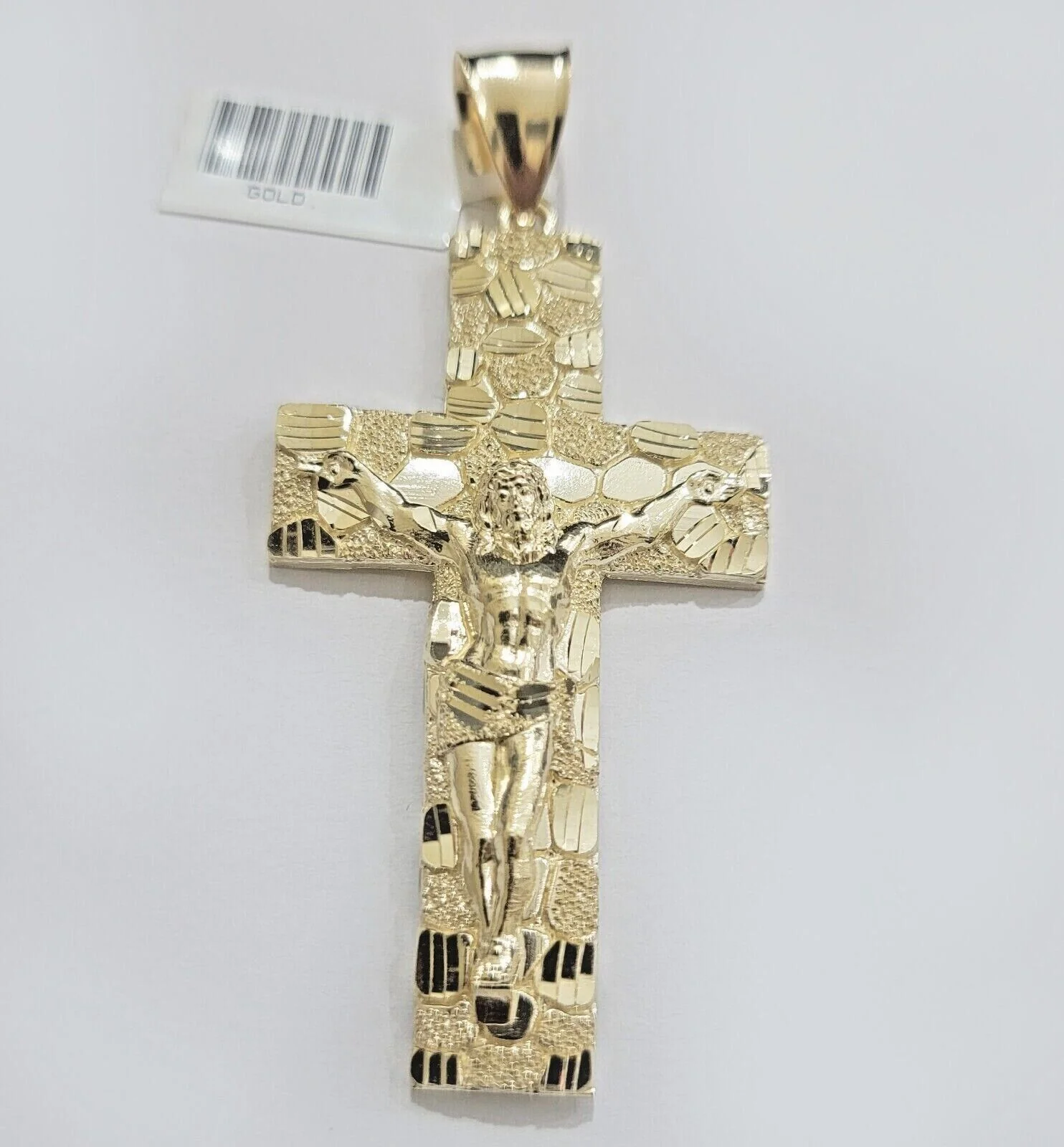 Real 10k Yellow Gold Cross Charm Pendant Nugget Jesus Crucifix 3" Inch 10KT Mens - Image 3