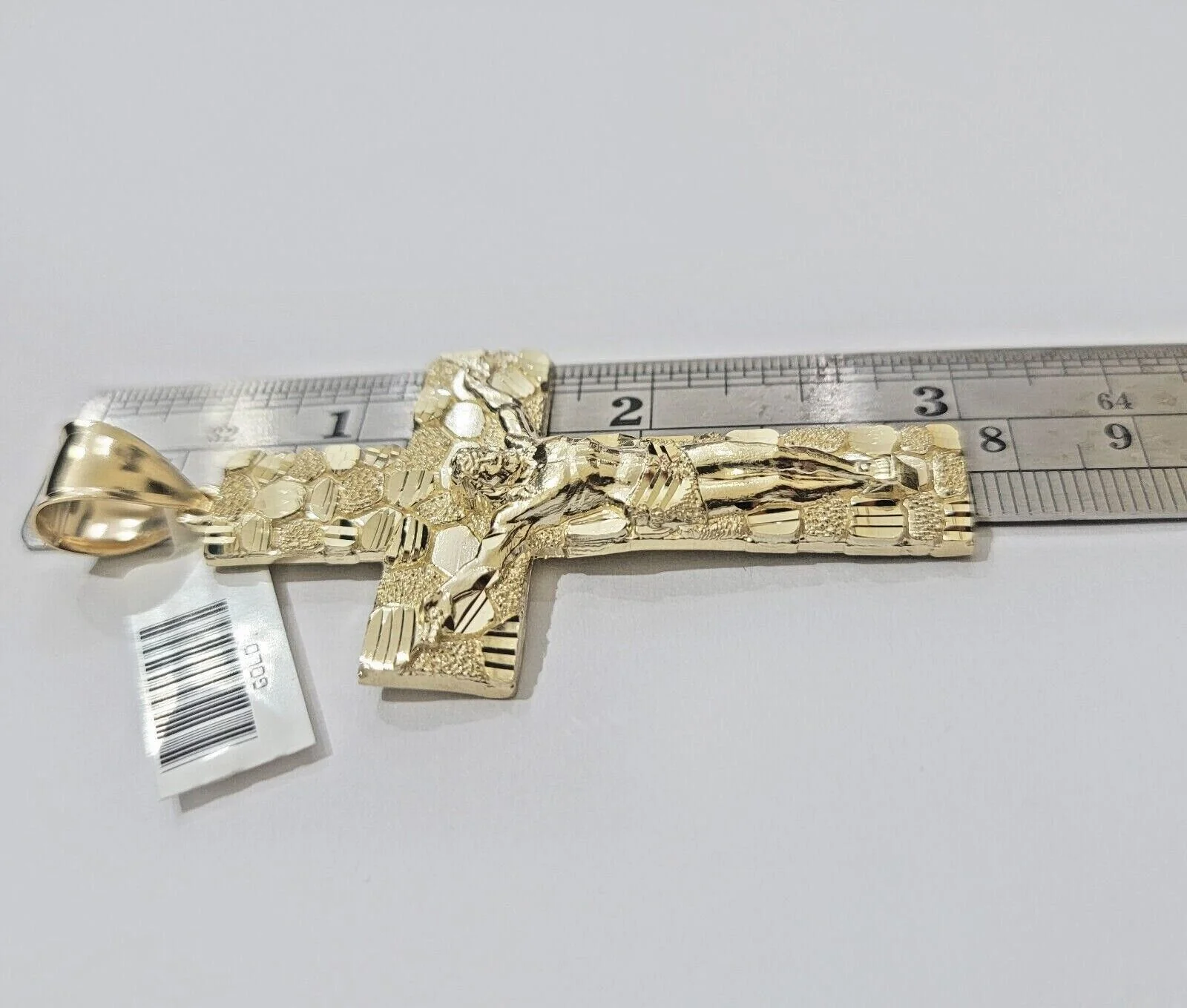 Real 10k Yellow Gold Cross Charm Pendant Nugget Jesus Crucifix 3" Inch 10KT Mens - Image 4
