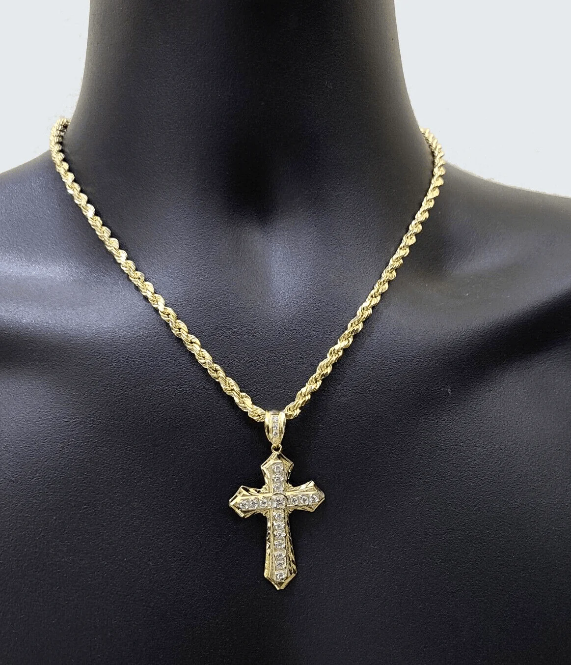 Real 10k Yellow Gold Cross Charm Rope Chain Necklace 4mm 26'' Pendant 10kt Jesus - Image 6