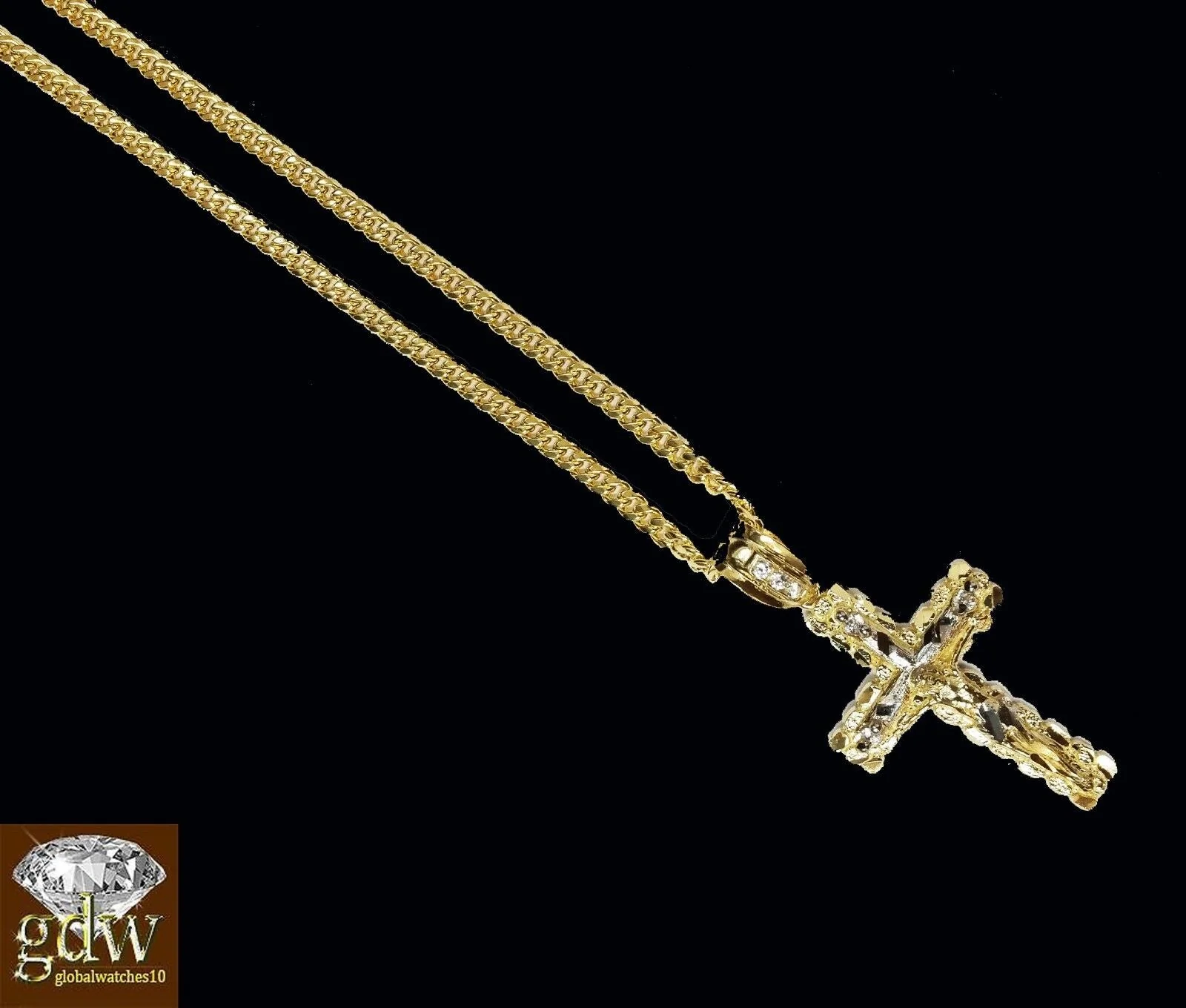 Real 10k Yellow Gold Cross Jesus Charm Pendant Miami Cuban 20" Necklace - Image 2
