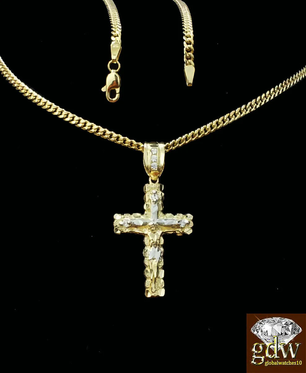 Real 10k Yellow Gold Cross Jesus Charm Pendant Miami Cuban 20" Necklace - Image 3