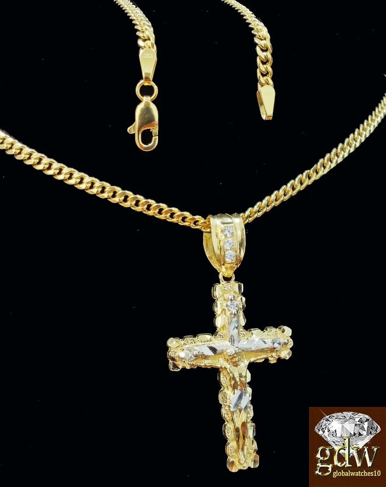 Real 10k Yellow Gold Cross Jesus Charm Pendant Miami Cuban 20" Necklace - Image 4
