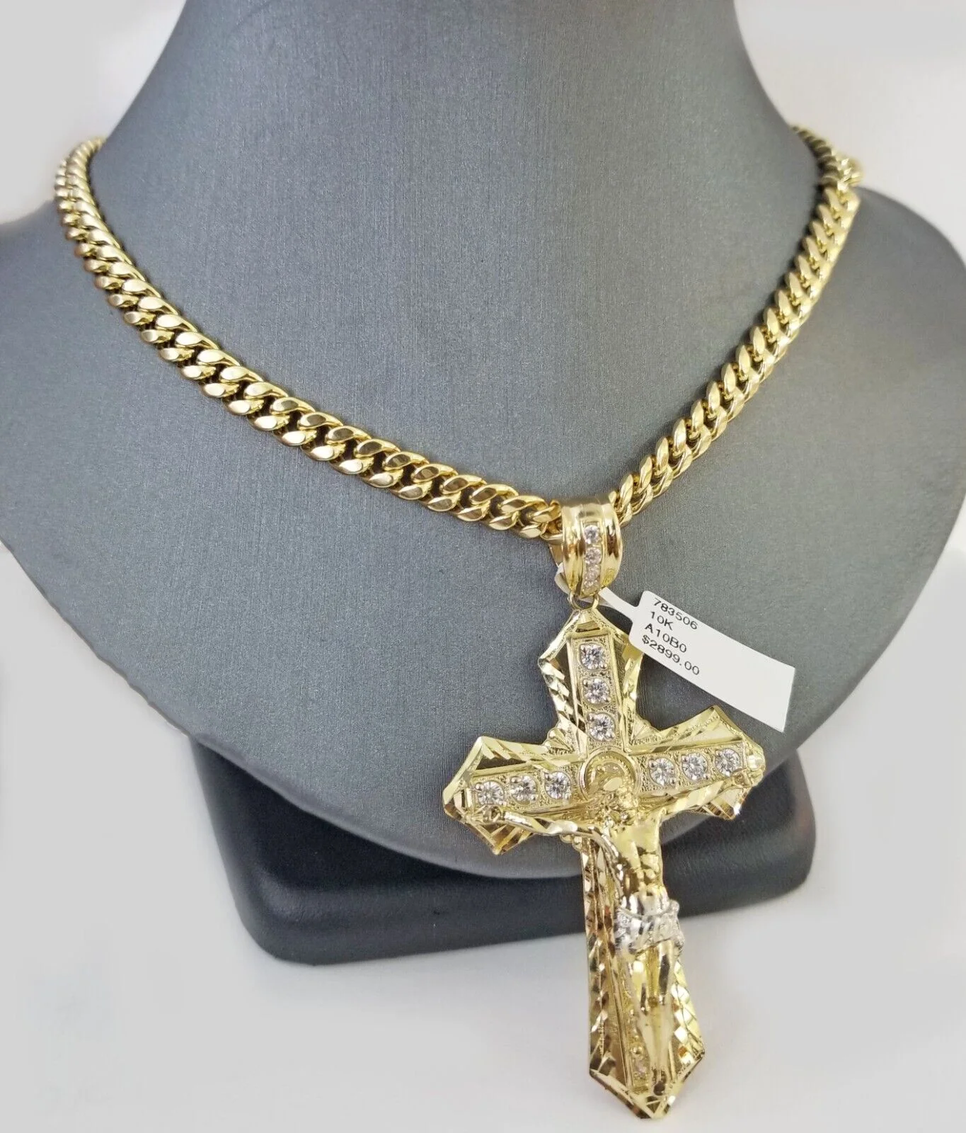 Real 10k Yellow Gold Cross Miami Cuban Link Chain Jesus Charm Pendant 6mm 24" - Image 3