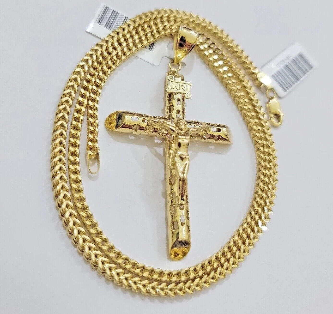 REAL 10k Yellow Gold Cross Pendant Franco Chain Necklace 22 Inch &Jesus Crucifix - Image 3