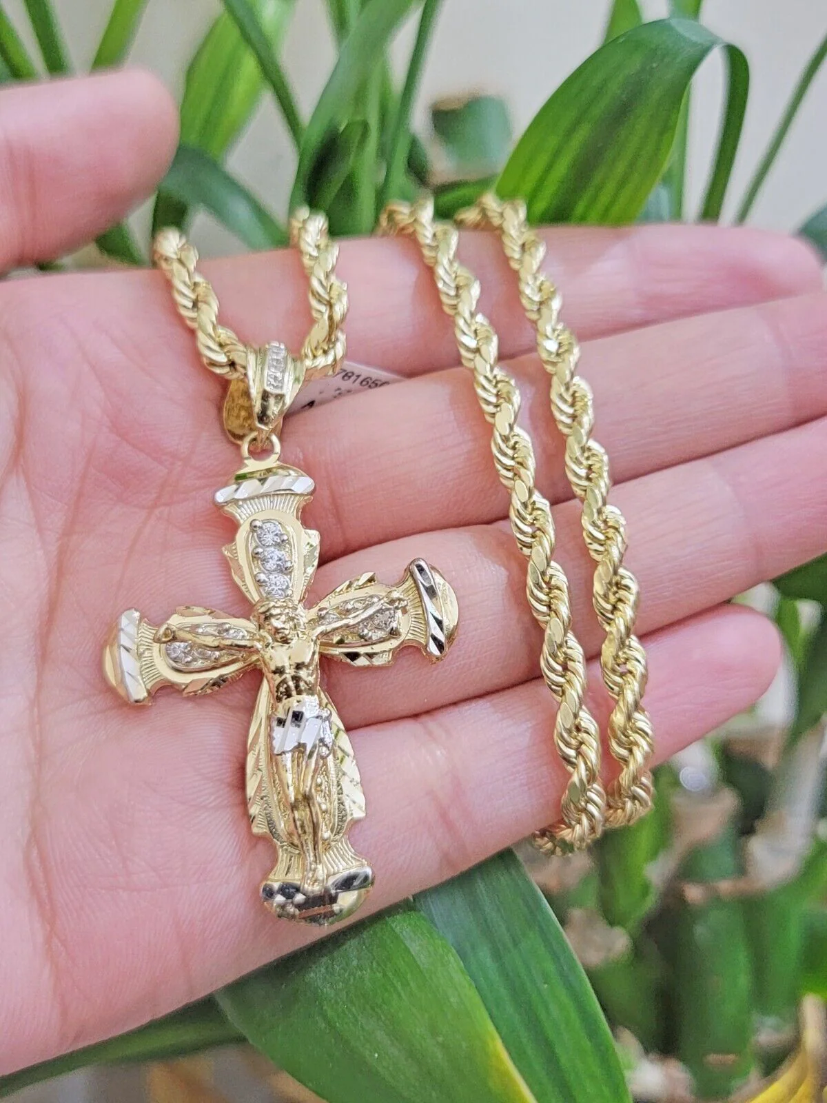 Real 10k Yellow Gold Cross pendant With Rope Chain Necklace 5mm 20" SET Charm - Image 2