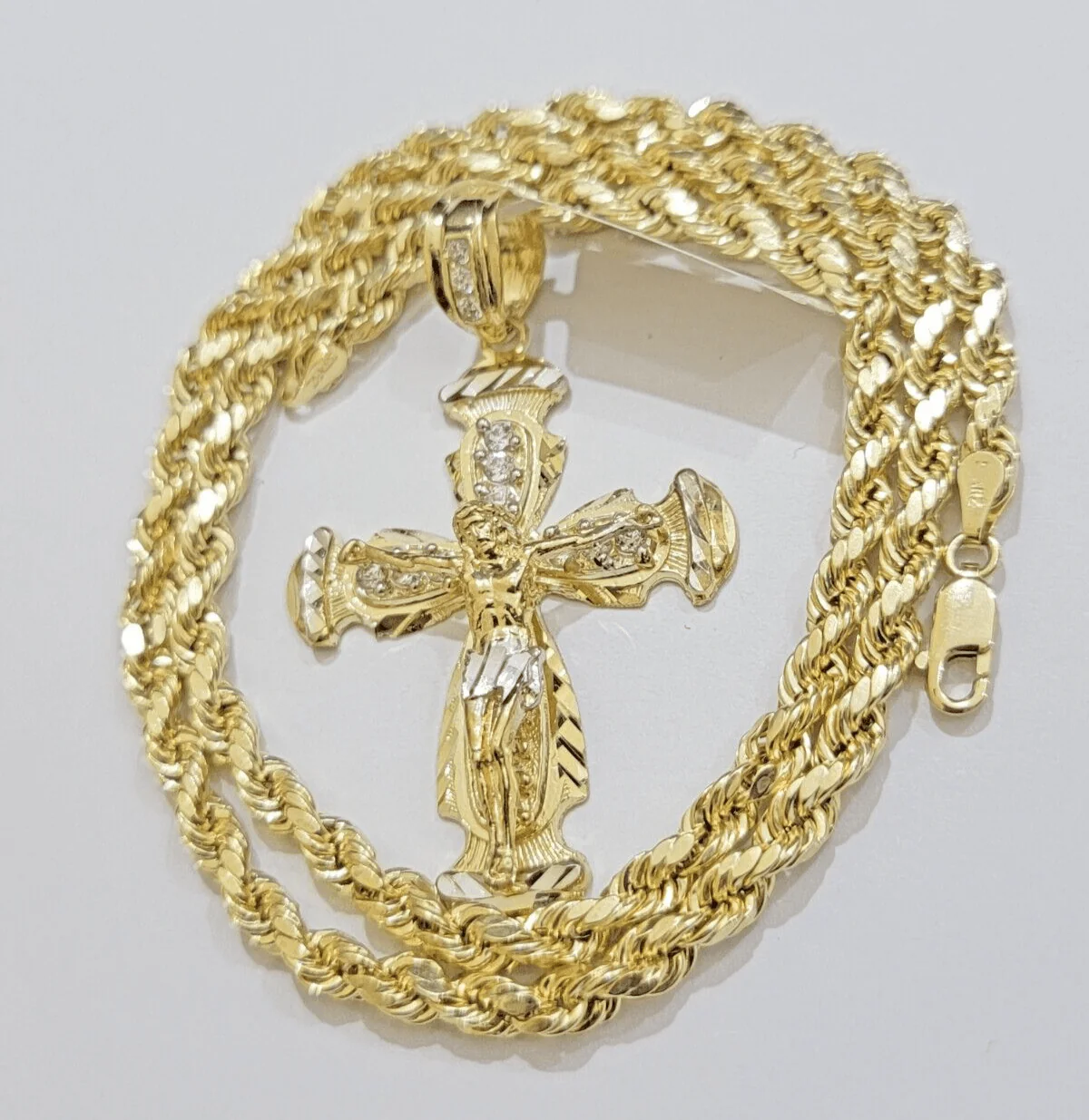 Real 10k Yellow Gold Cross pendant With Rope Chain Necklace 5mm 26" SET Charm - Image 5