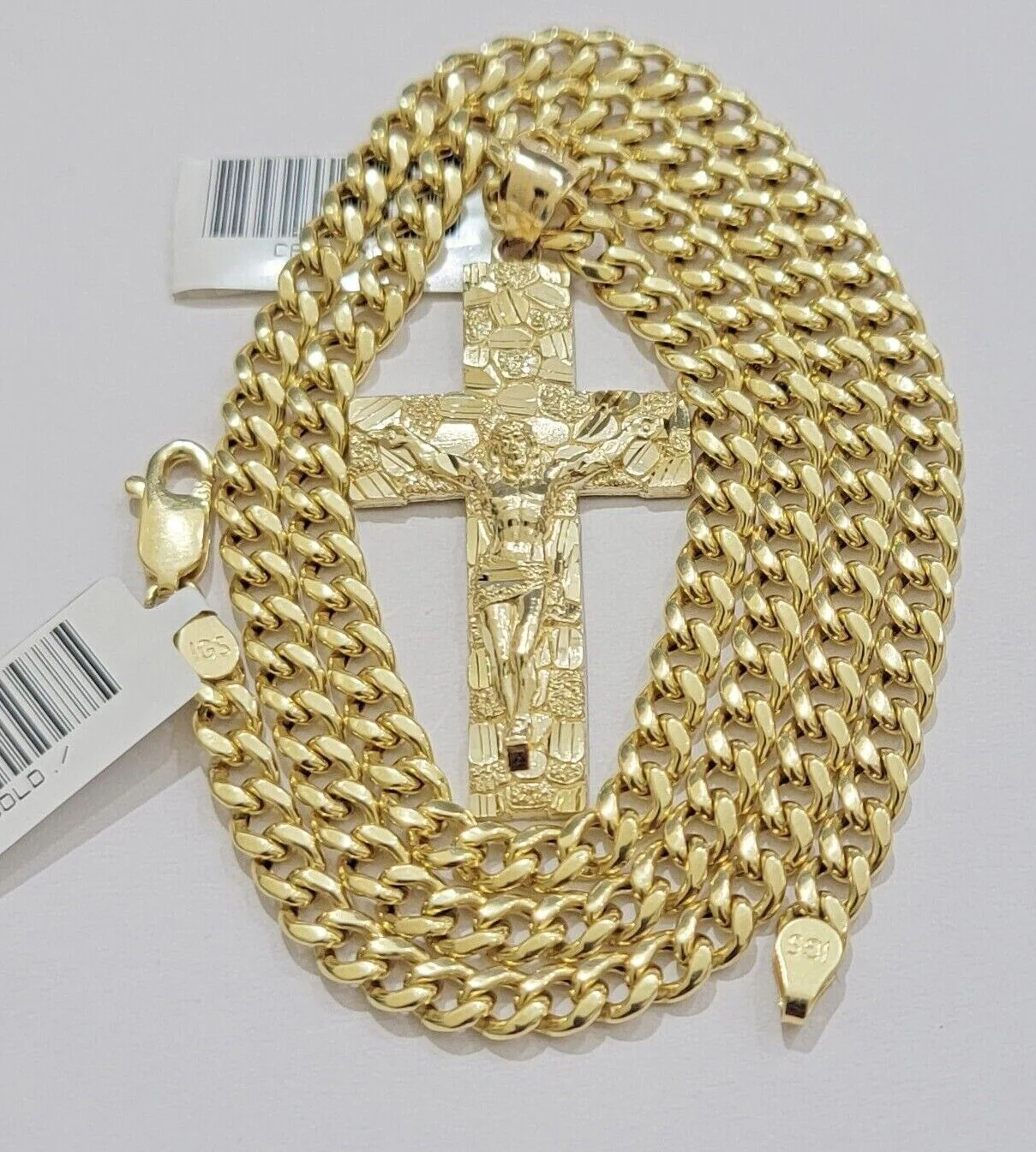 REAL 10k Yellow Gold Cuban link Chain Nugget Charm Pendant Necklace 5mm 24" Inch