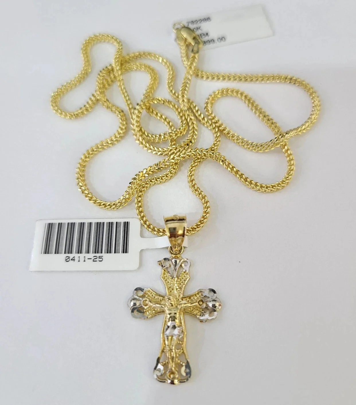 Real 10k Yellow Gold Franco Chain Jesus Cross Pendant Charm 2mm Necklace