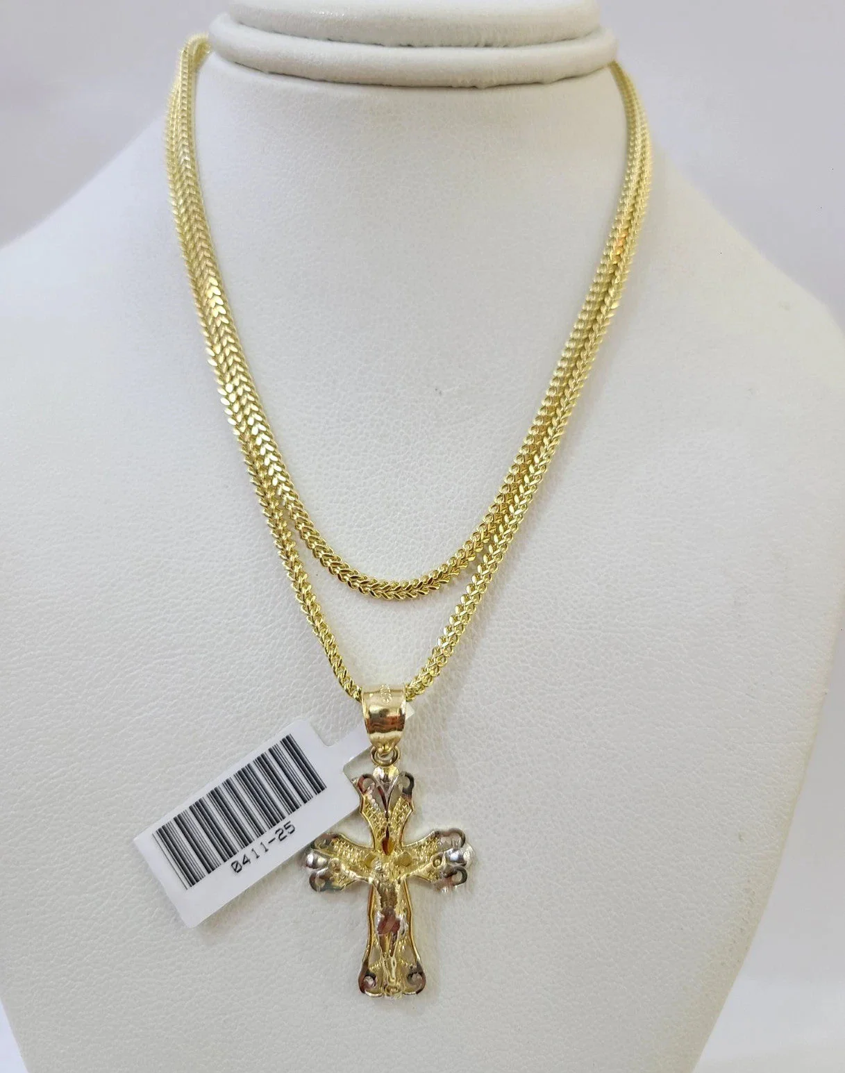 Real 10k Yellow Gold Franco Chain Jesus Cross Pendant Charm 2mm Necklace - Image 2