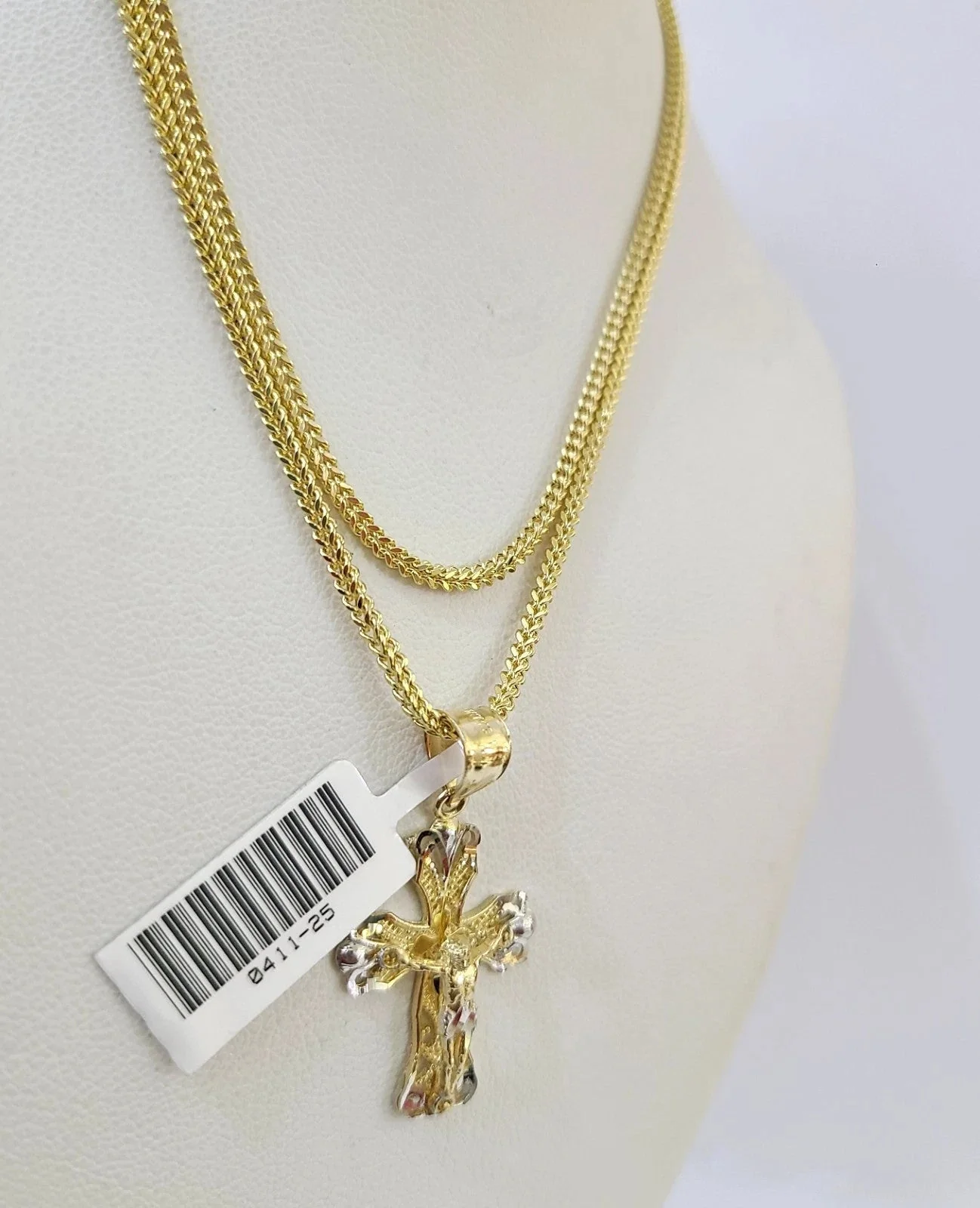 Real 10k Yellow Gold Franco Chain Jesus Cross Pendant Charm 2mm Necklace - Image 4