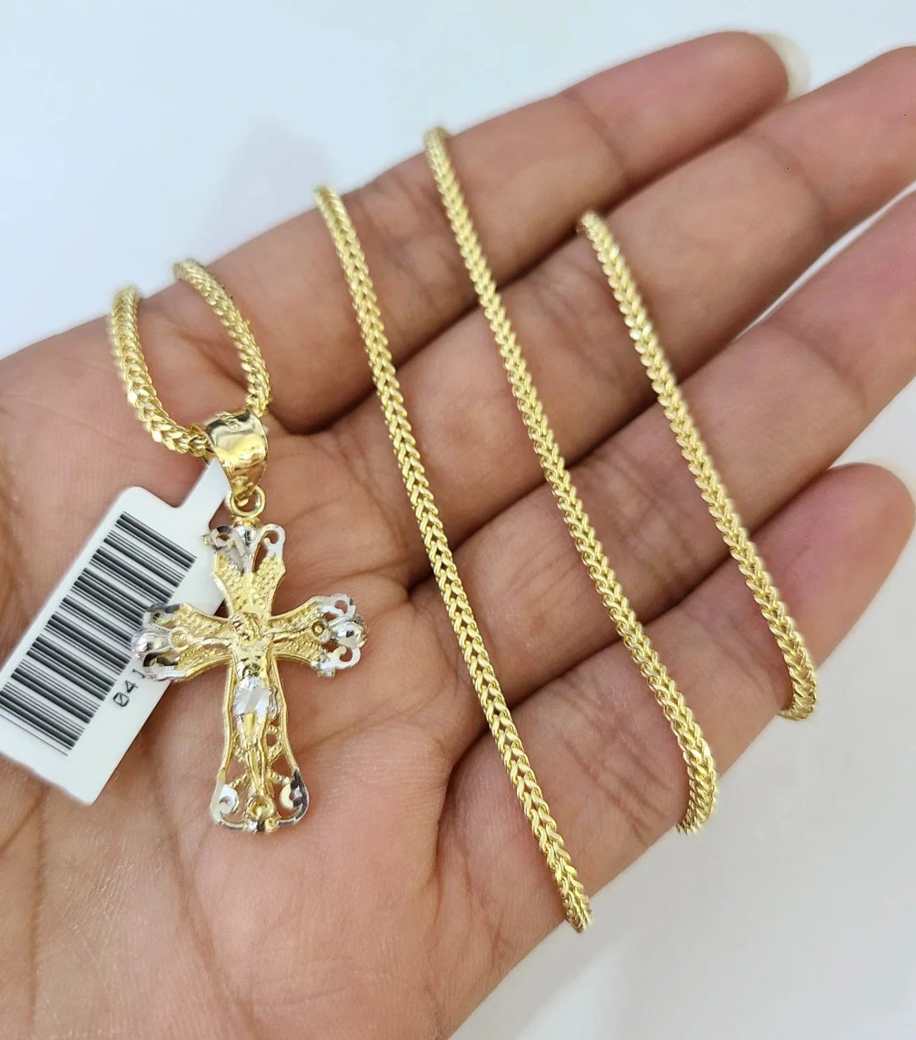 Real 10k Yellow Gold Franco Chain Jesus Cross Pendant Charm 2mm Necklace - Image 6
