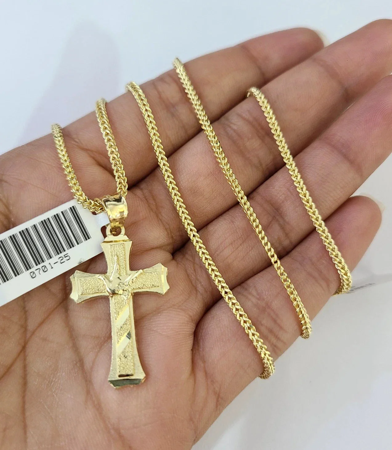 Real 10k Yellow Gold Franco Chain Jesus Cross Pendant Charm 2mm Necklace