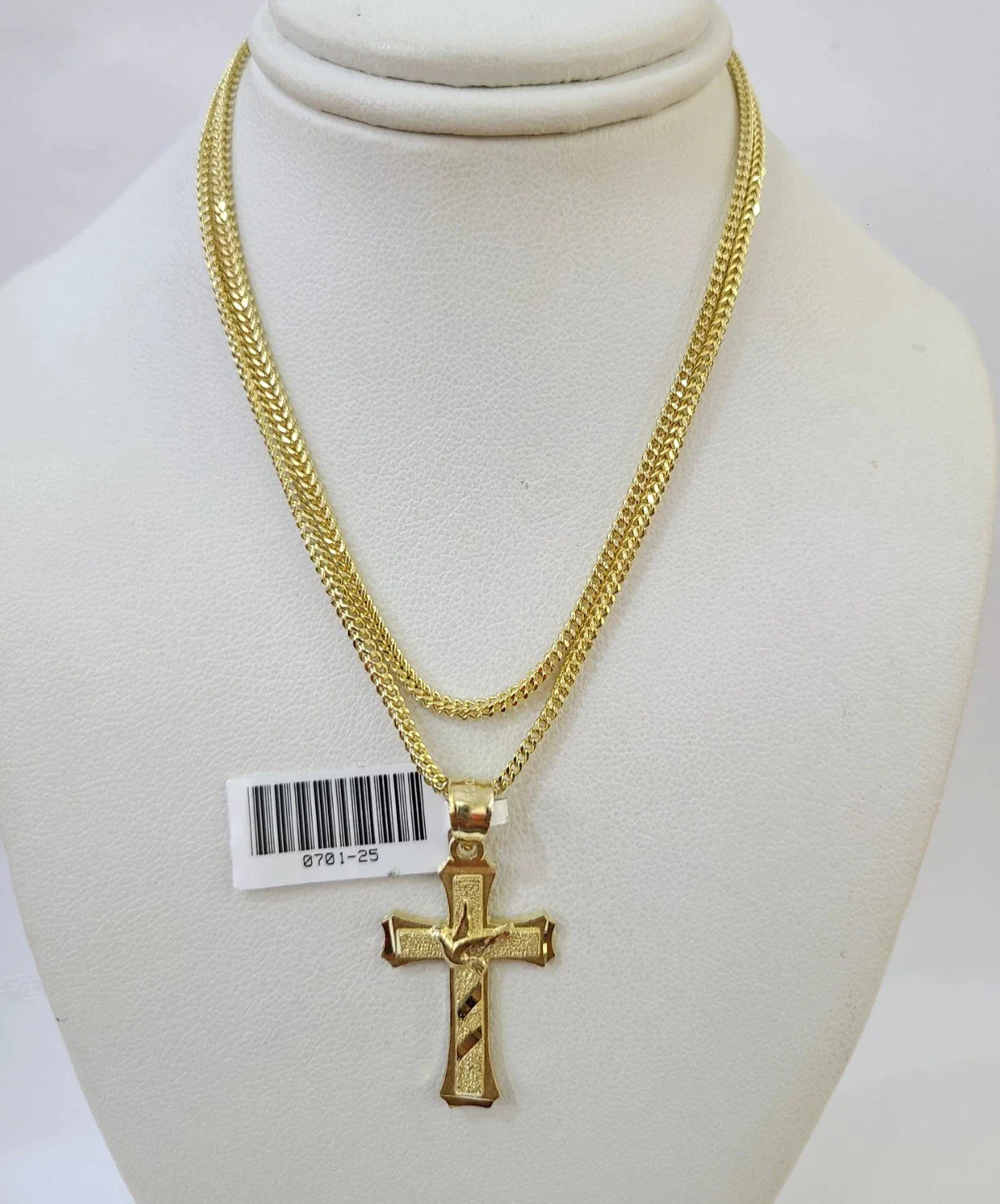 Real 10k Yellow Gold Franco Chain Jesus Cross Pendant Charm 2mm Necklace - Image 2