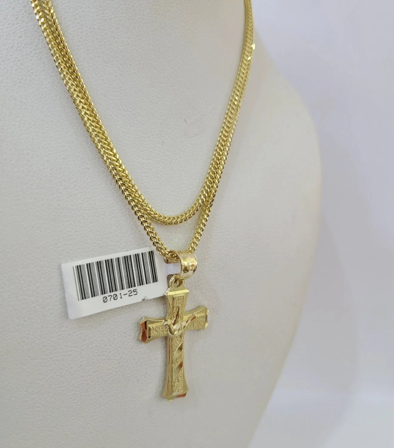Real 10k Yellow Gold Franco Chain Jesus Cross Pendant Charm 2mm Necklace - Image 4